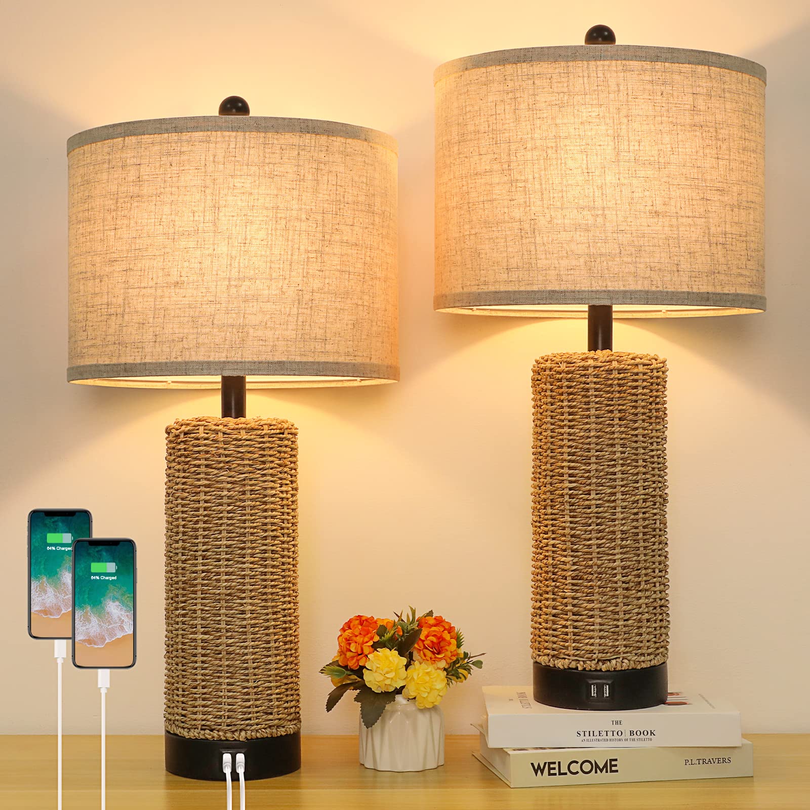 BesLowe 26'' Farmhouse Table Lamp for Bedroom, Set of 2 Bedside Table Lamps with Handmade Seagrass Base and 2 USB Ports, Rustic 