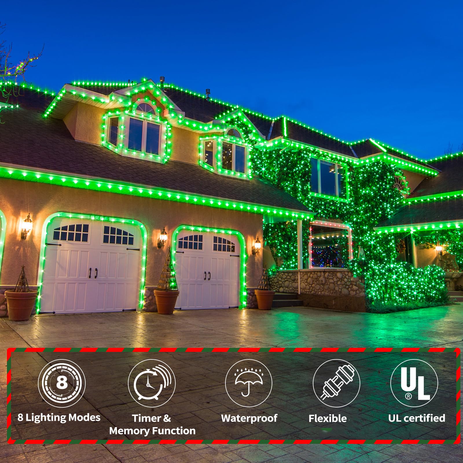 Jnaurb 200ft LED Rope Lights - Waterproof Green PVC Tube Lights with 8 Modes for Outdoor & Indoor Decoration