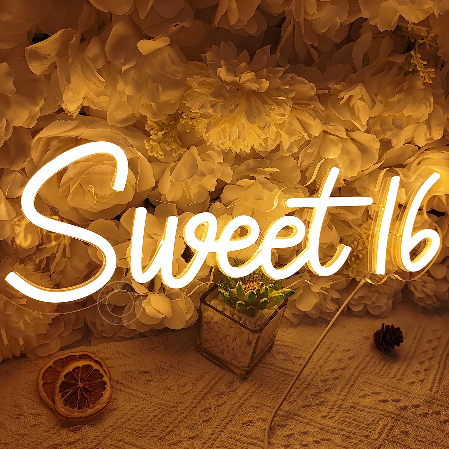 SYLHOME LED Neon Light Sign for Sweet 16 Birthday, Warm White, 15.75in x 5in, Acrylic, Model NS-ZF5VD-Sweet1602-WW
