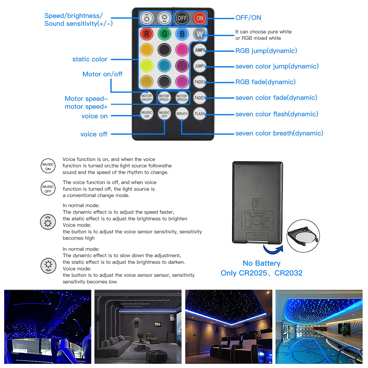 Azimom Dual Port 16W Twinkle Bluetooth Fiber Optic Lights Star Ceiling Light Kits 1100Pcs*0.03In*13.1Ft Fibers Strands Sound Act