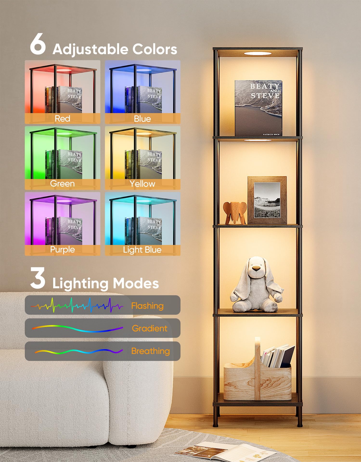 PARTPHONER RGBW Light Display Shelf - Color Changing Etagere Tower Bookcase, 65.4"H x 15.7"W x 11.8"L, Black, Model P