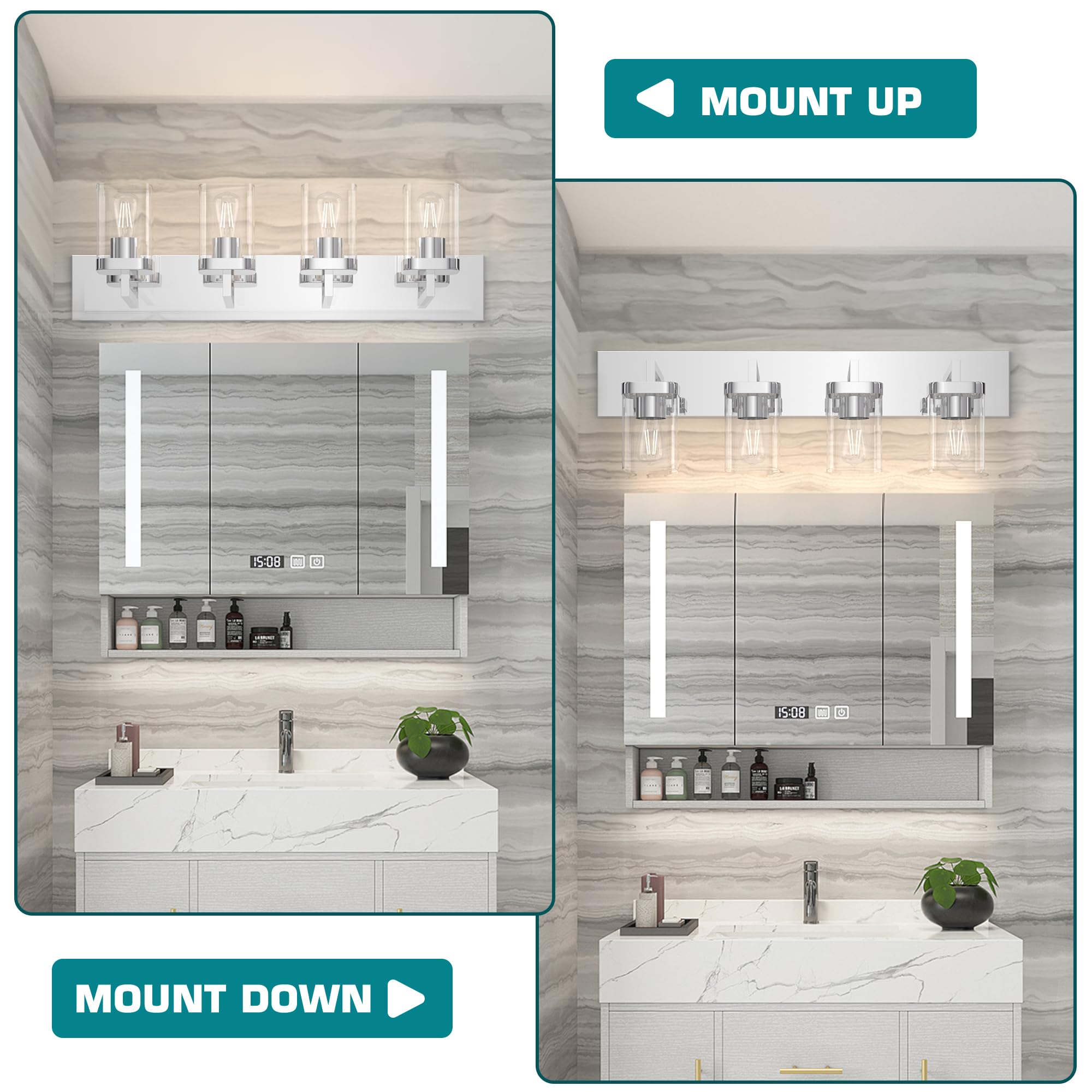 Danshinro Chrome Bathroom Vanity Light, Square Design 4 Lights Morden Bathroom Lighting Fixtures Over Mirror, Bathroom Vanity Li