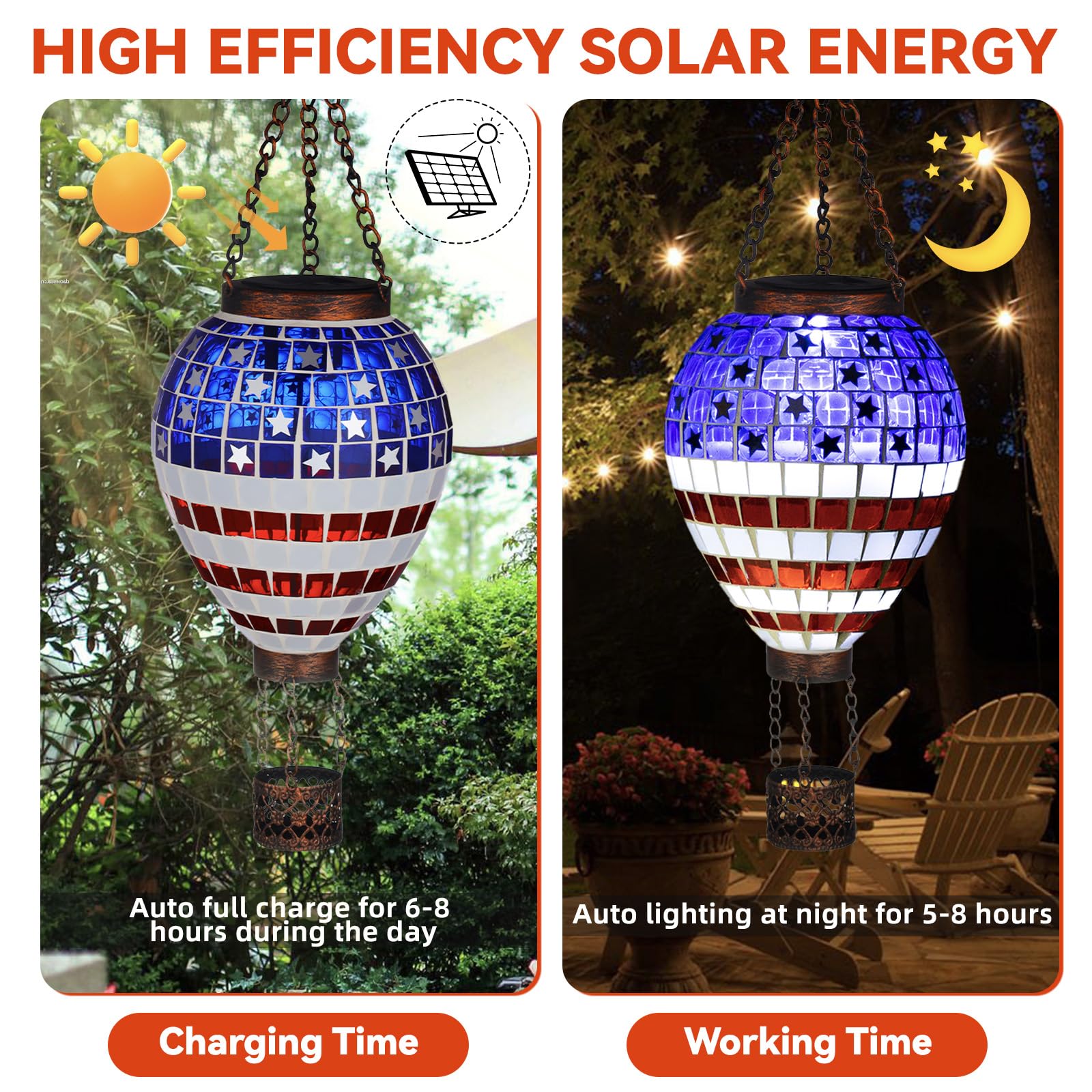 Voreen American Flag Hot Air Balloon Solar Lantern  Handmade Mosaic Outdoor Hanging Wind Light  Ip44 Waterproof  Patio Decorations  Gift For Mom Wife Friend  Patriotic Theme  4Th Of July Decor