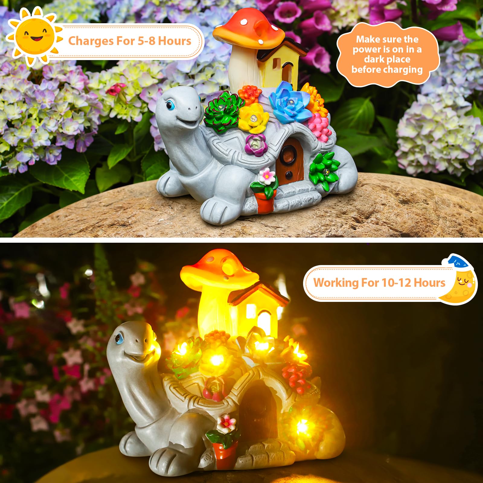 CIKOUBE Solar Turtle Garden Statues with Succulentss and 7 LED Lights, Outdoor Solar Turtles for Garden Decor, Yard Lawn Balcony