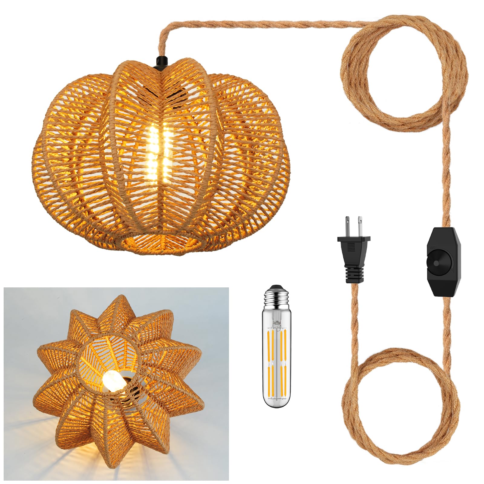 Tebio Rattan Plug-In Pendant Light, Dimmable 15Ft Hemp Rope Cord, Boho Indoor Hanging Lamp