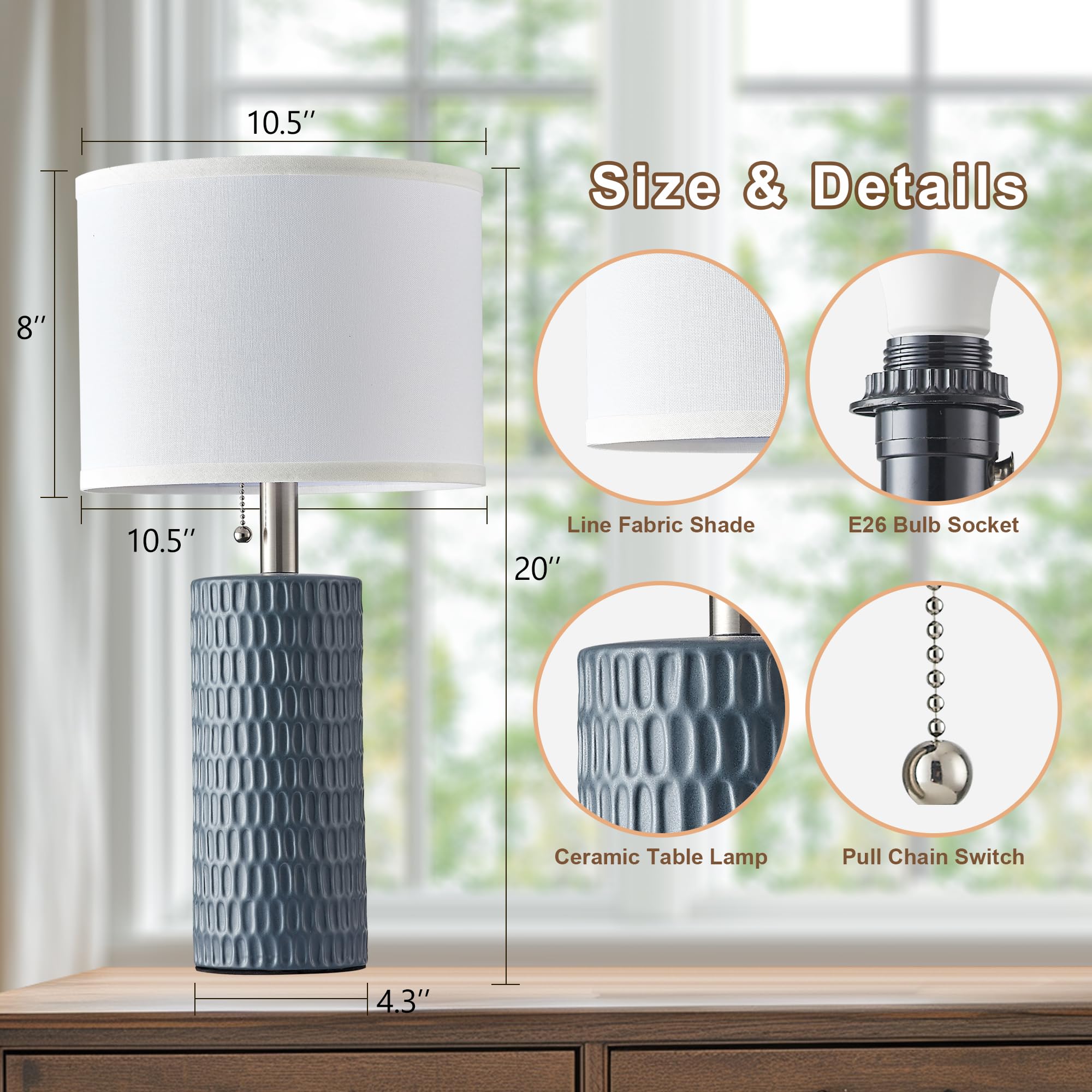 Reaketon Modern Table Lamps Set of 2, 20" Ceramic Nightstand Lamps, Grey, Model 102-1TDGY