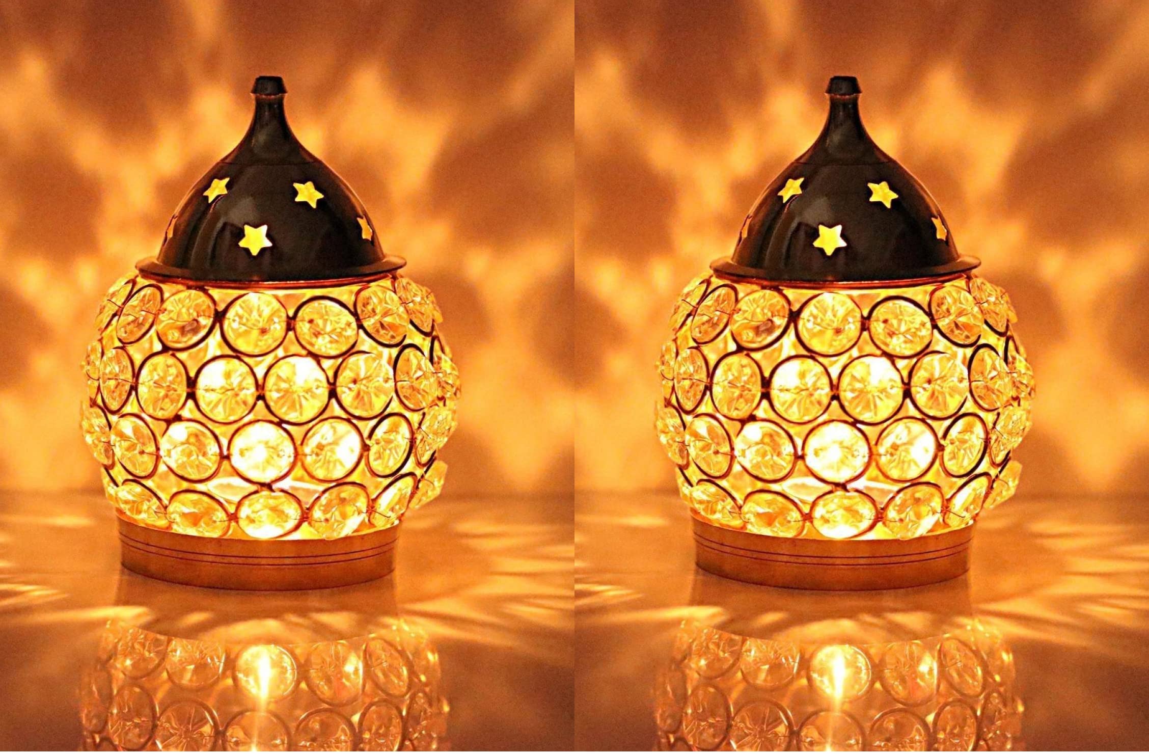 Fashion Bizz Brass Akhand Diya | Diamond Crystal Deepak/Dia | Akhand Jyot | Decorative Brass Crystal Oil Lamp | Tea Light Holder