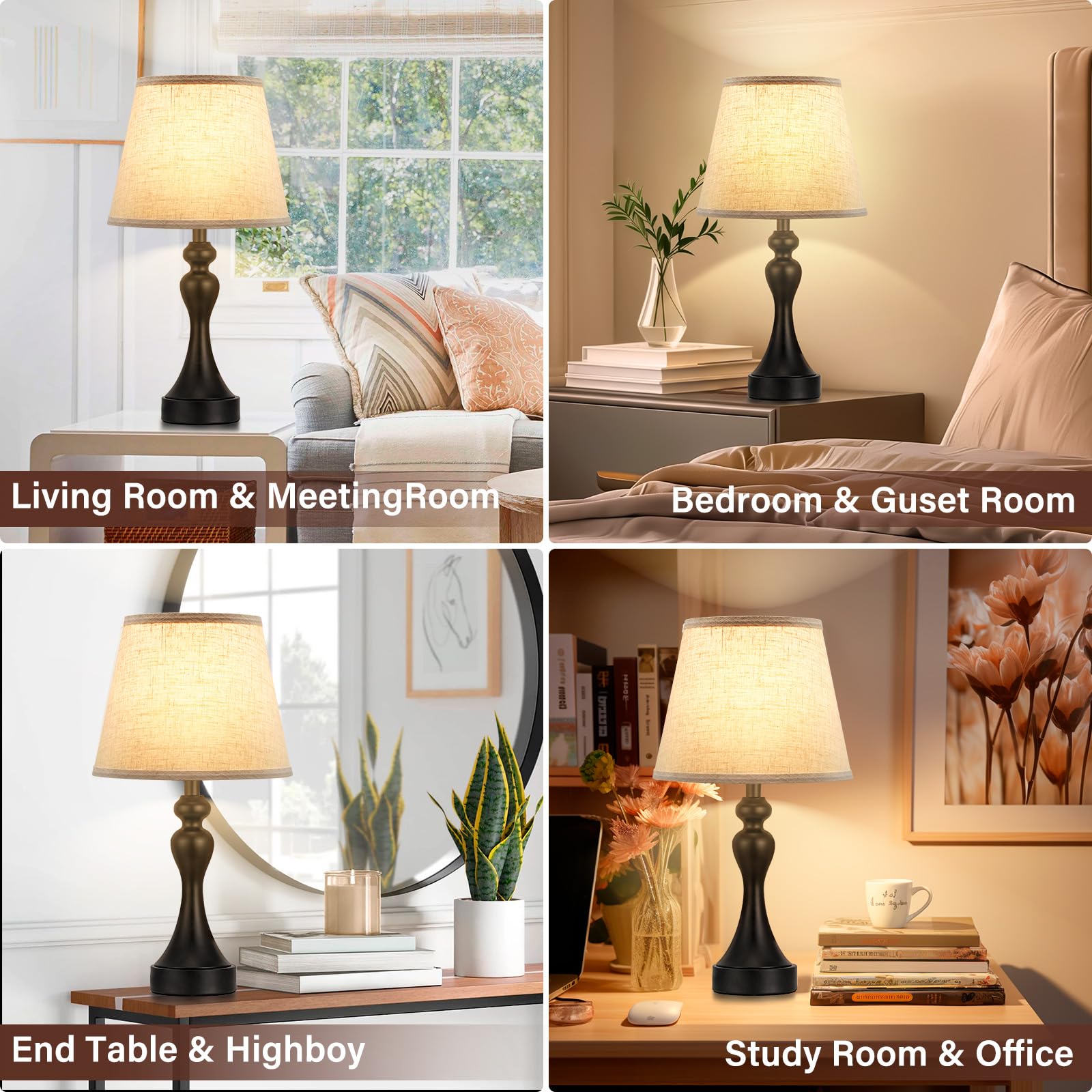 Seealle Touch Lamps Set of 2 - 3 Way Dimmable, USB C+A, Beige Shade & Black Base, Model 07026 for Nightstand & Bedroom