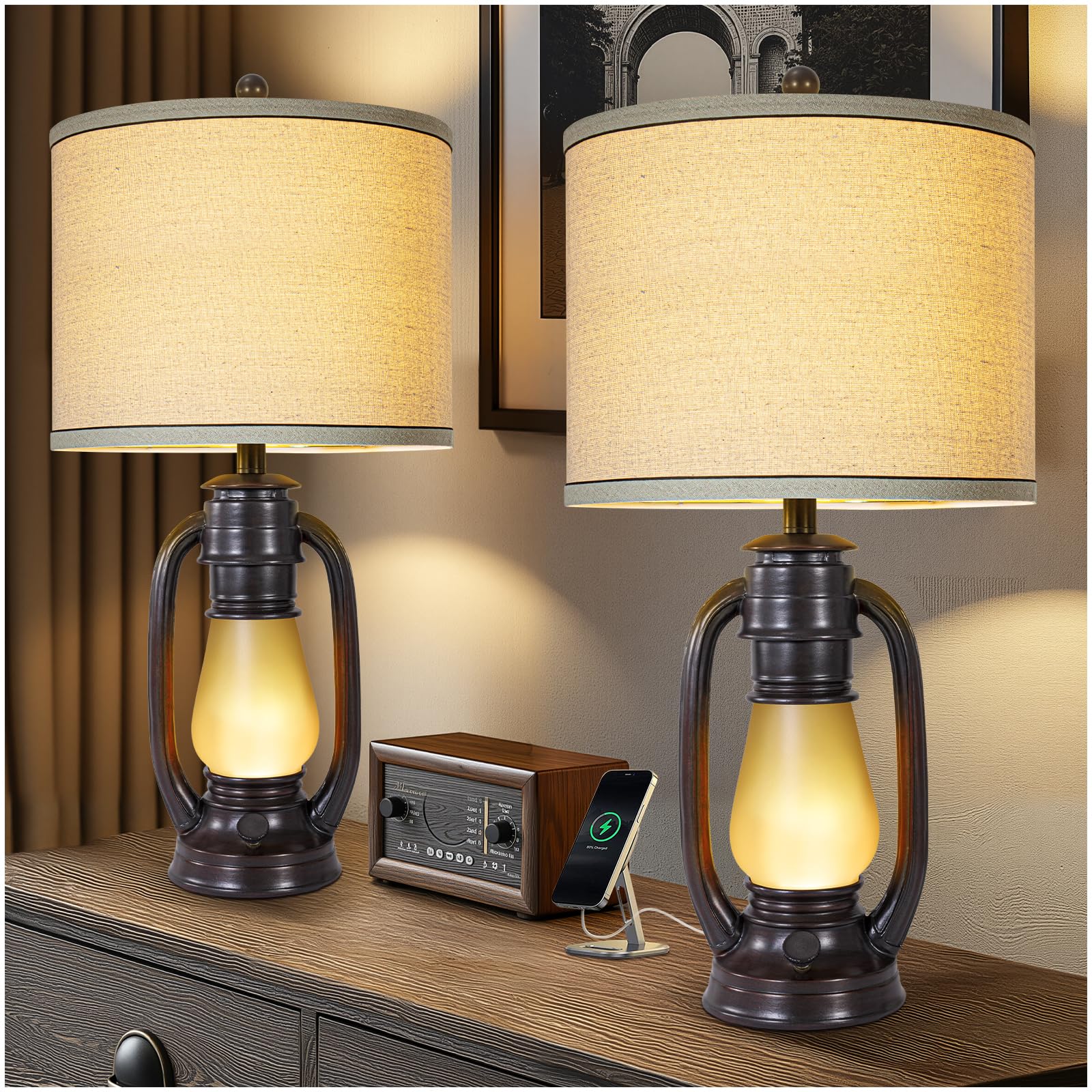 26 Vintage Lantern Table Lamps Set of 2, Retro Bedside Nightstand Lamp with Nightlight and Linen Shade, Rustic Desk Lamp with 