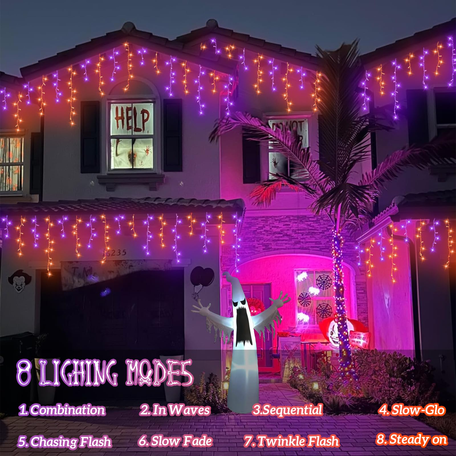 YEGUO 66ft Icicle Halloween Lights, 800 LED, Orange and Purple, 8 Modes, Connectable, PVC Material