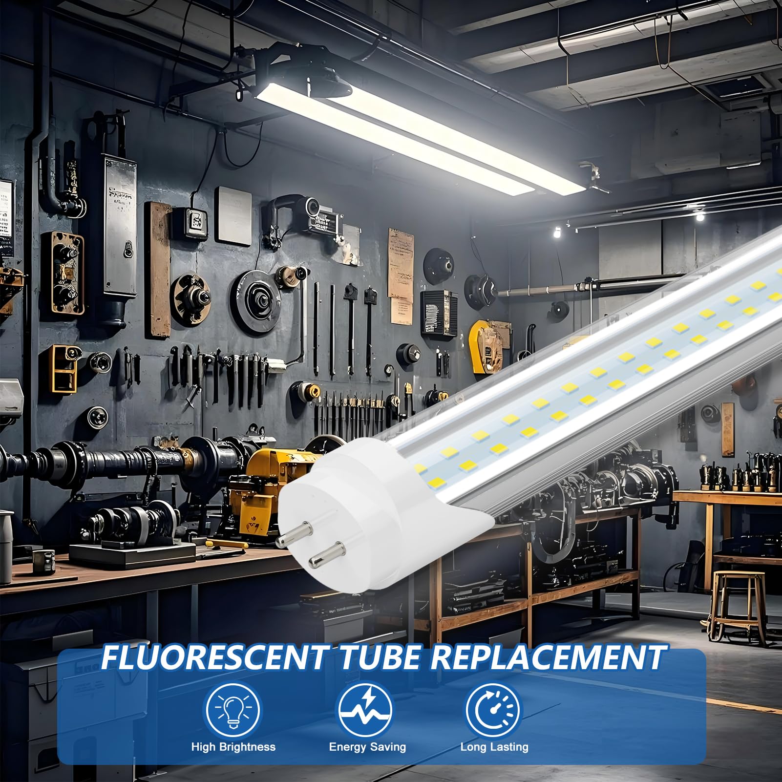 Reisener T8 Led Bulbs 4 Foot, Type B 4Ft Tube Light, 24W 3120 Lumen, 6500K Cool White, T10 T12 65W Equivalent 48 Inch Fluorescen