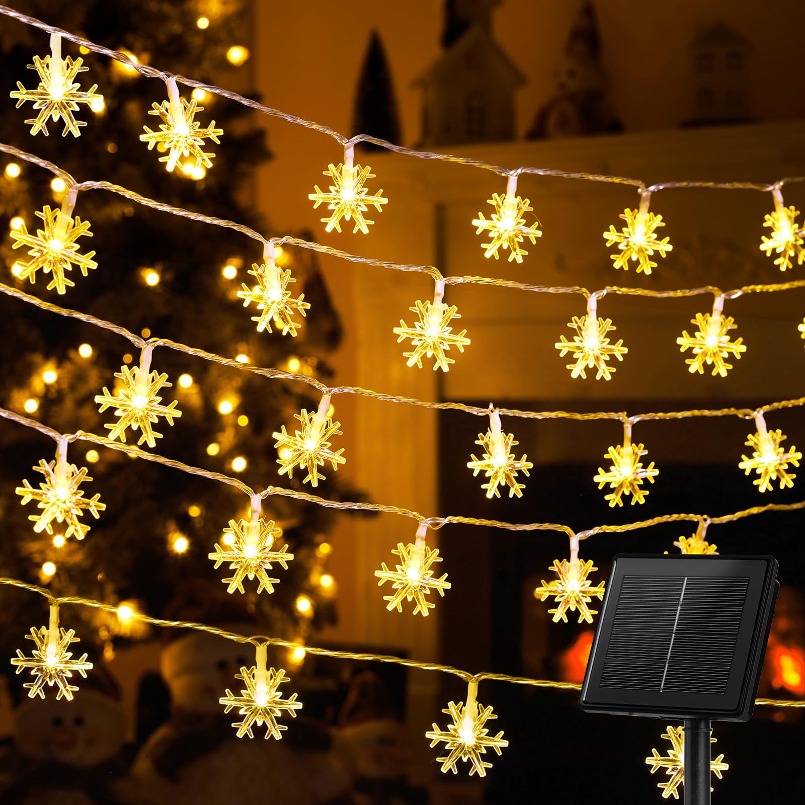 Brightown Solar Christmas Snowflake String Lights, 72FT 200 LED Outdoor Waterproof Fairy Lights with 8 Lighting Modes for Weddin