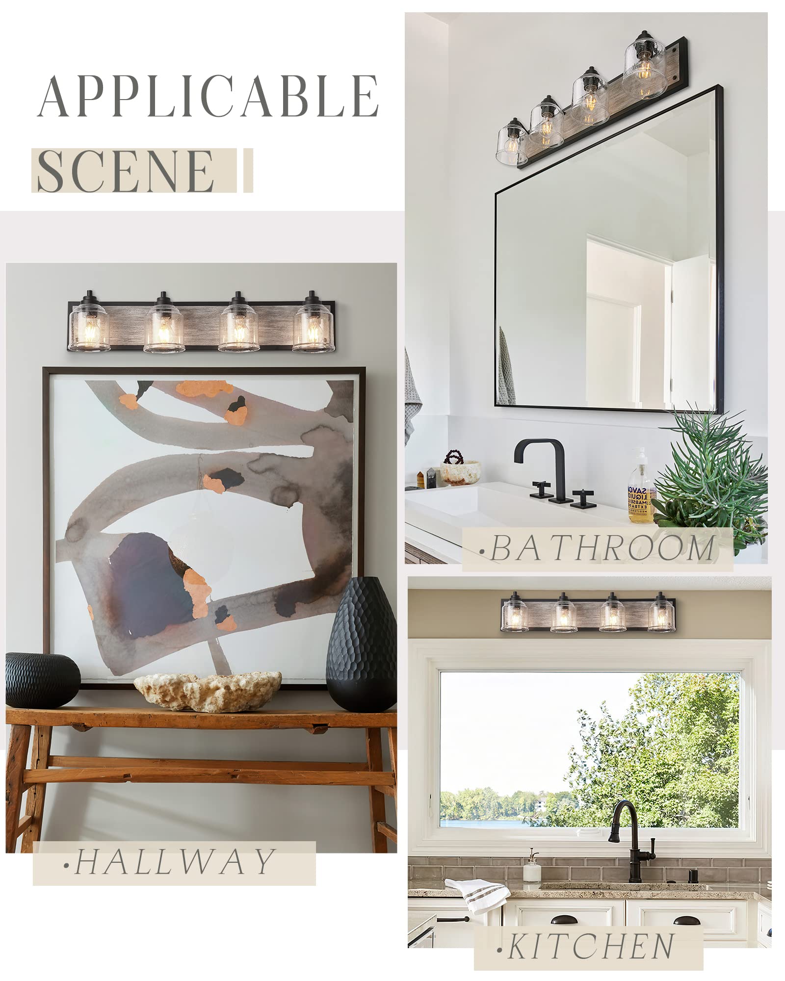 31.5" Large Farmhouse Bathroom Vanity Light,Handmade Grey Wood Vanity Light With Bubble Glass Shades,4-Light Rustic Wall Sconce Lighting Fixtures Over Mirror, Bd005-4-Bk