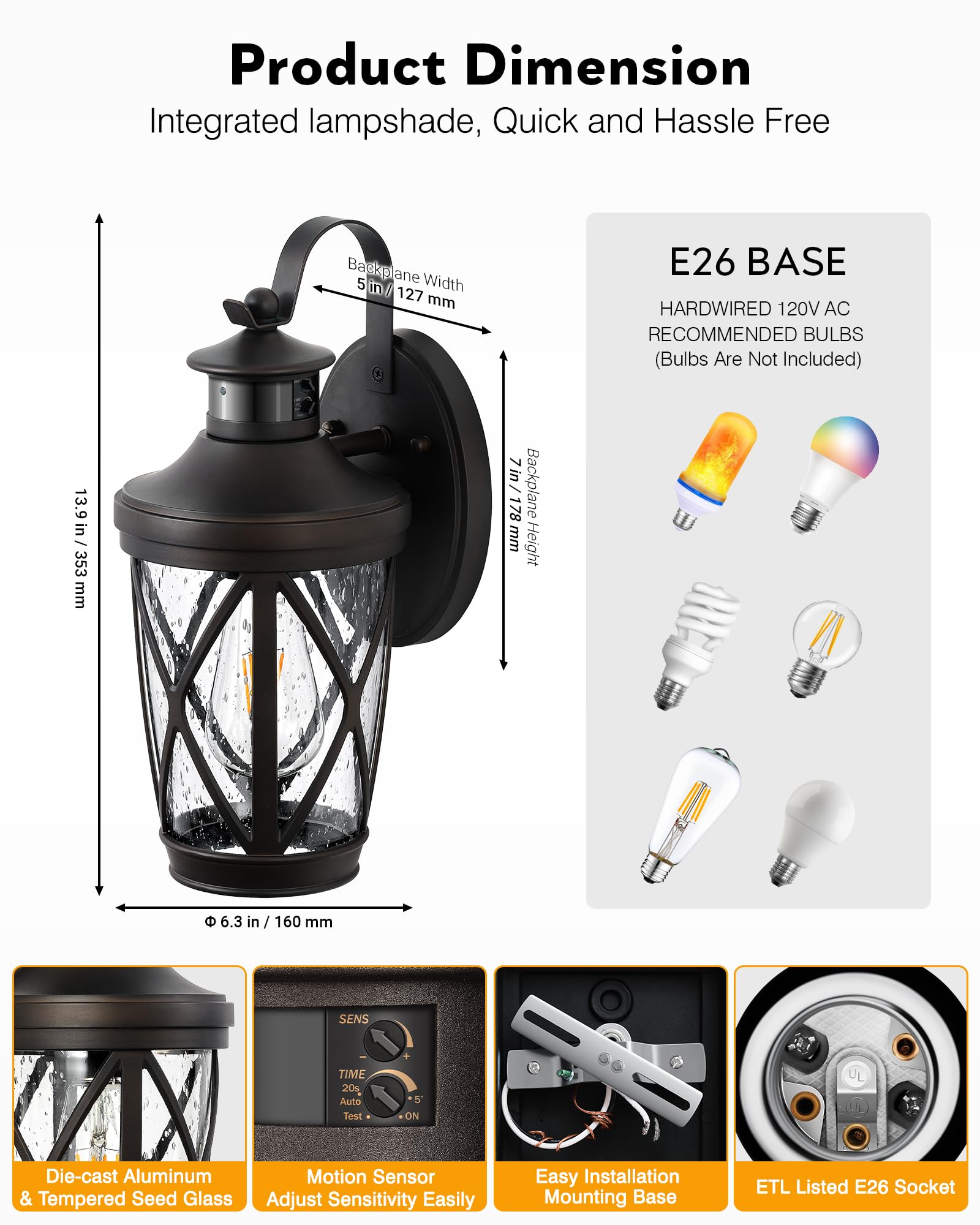 Vianis Motion Sensor Outdoor Wall Lantern For Porch  Oil Rubbed Bronze Exterior Lighting Fixtures Wall Mount  2-Pack Exterior Sconce Light With Tempered Seed Glass  Outdoor Garage Lights For Coach
