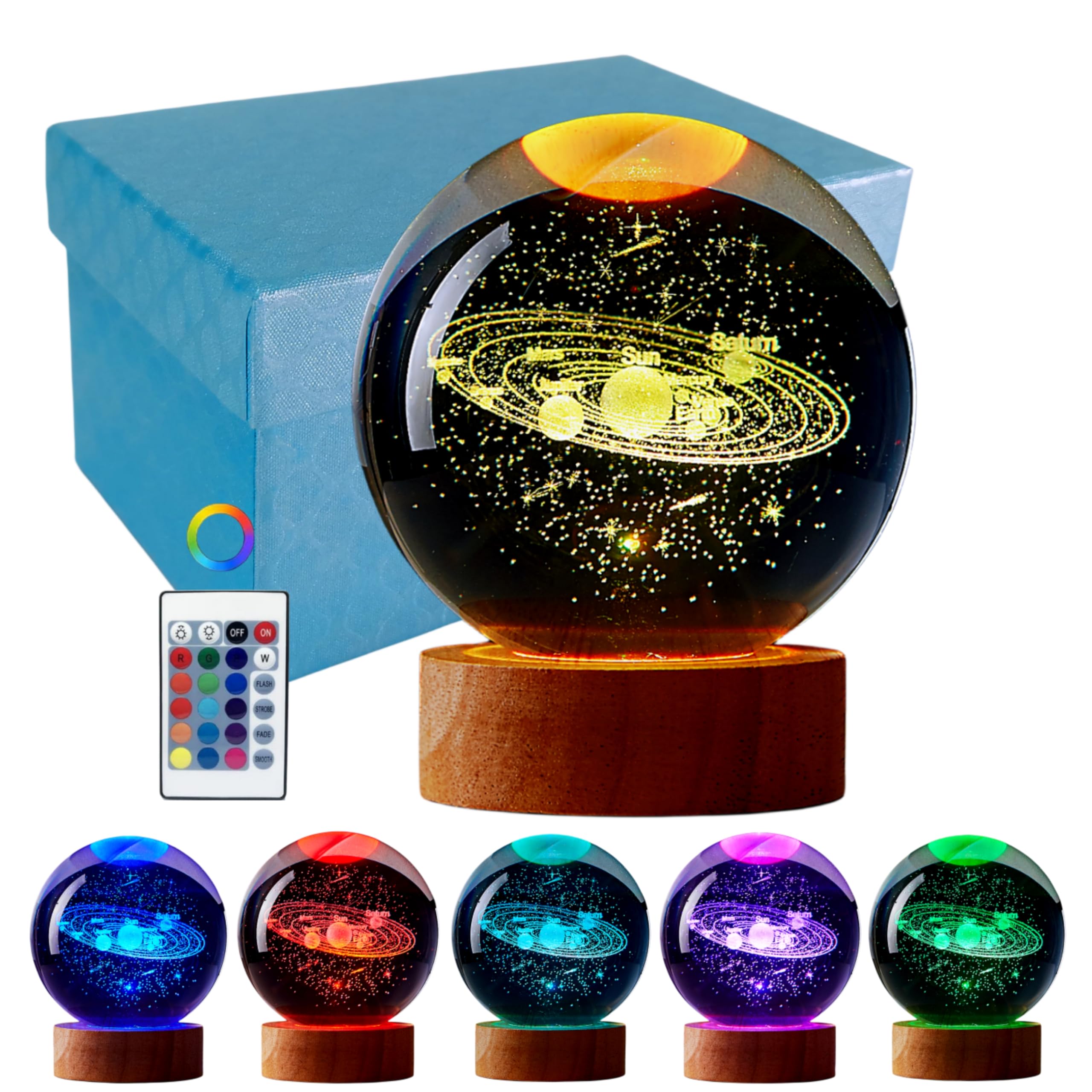 DIGFPWT Solar Crystal Ball Night Light, 3D Galaxy Lamp, 16 Color Change, 3.15 Inch, LED Wooden Base, Gift Box Packing, Solar System Model