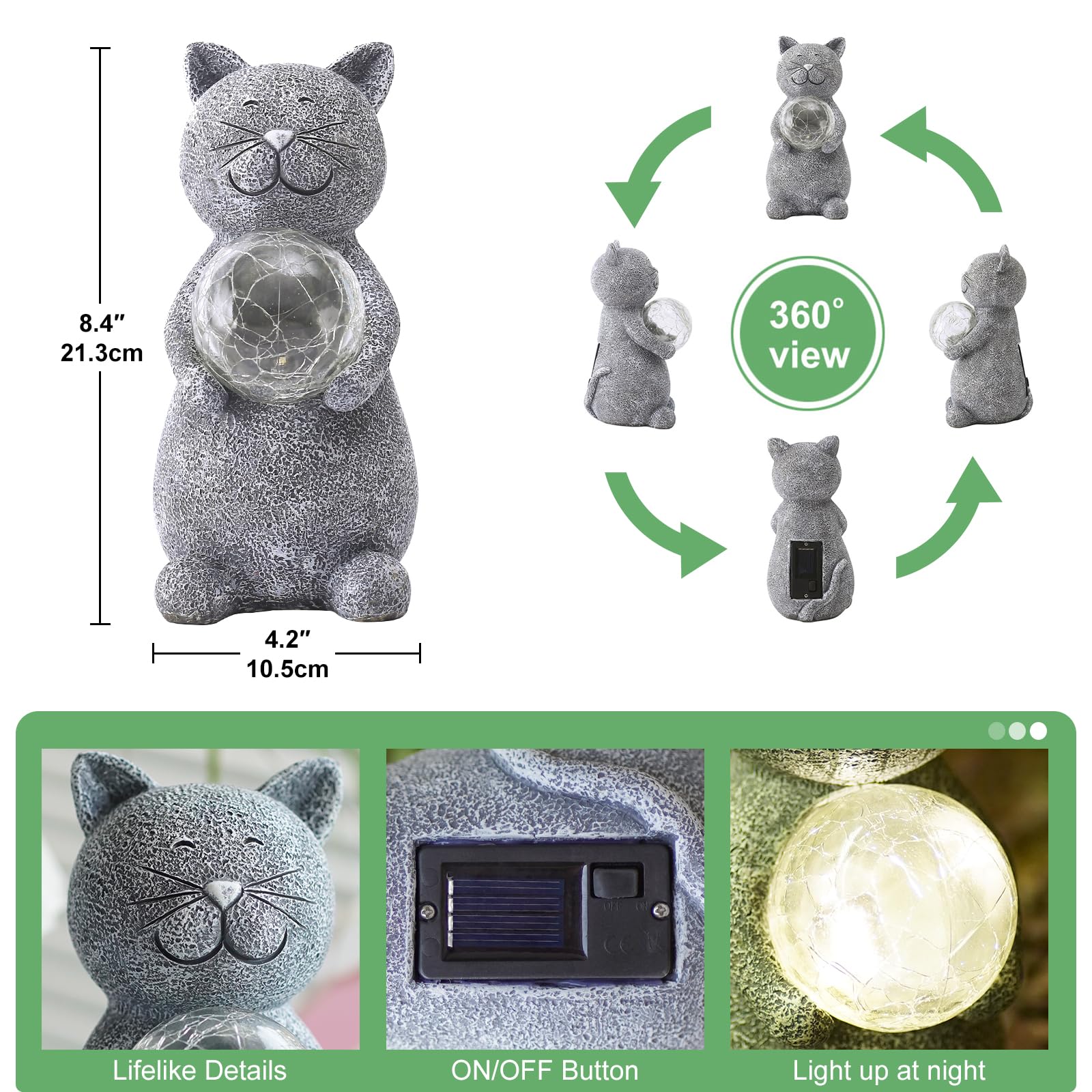 Tiejiajiang Solar Cat Statue - Gray Resin Garden Decor With Led Lights For Cat Lovers