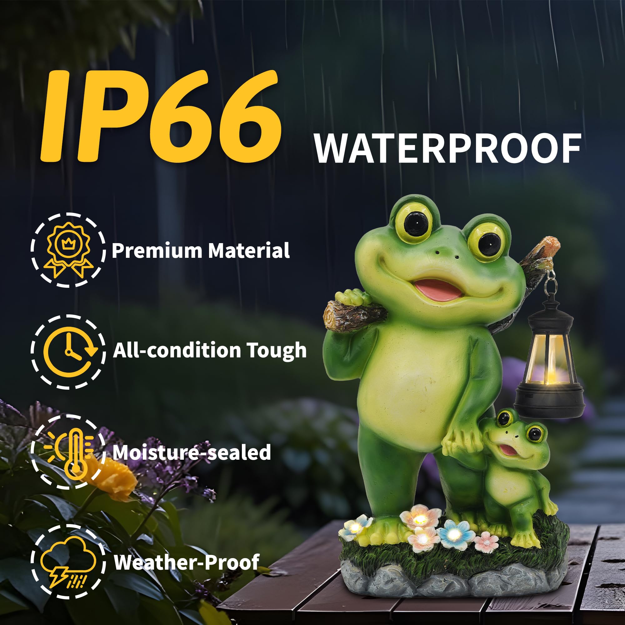 CFFOWNUG Outdoor Frog Garden Decor - 10in Solar LED Lantern Statue, Resin, Frog Color, Model CF-FLOG002