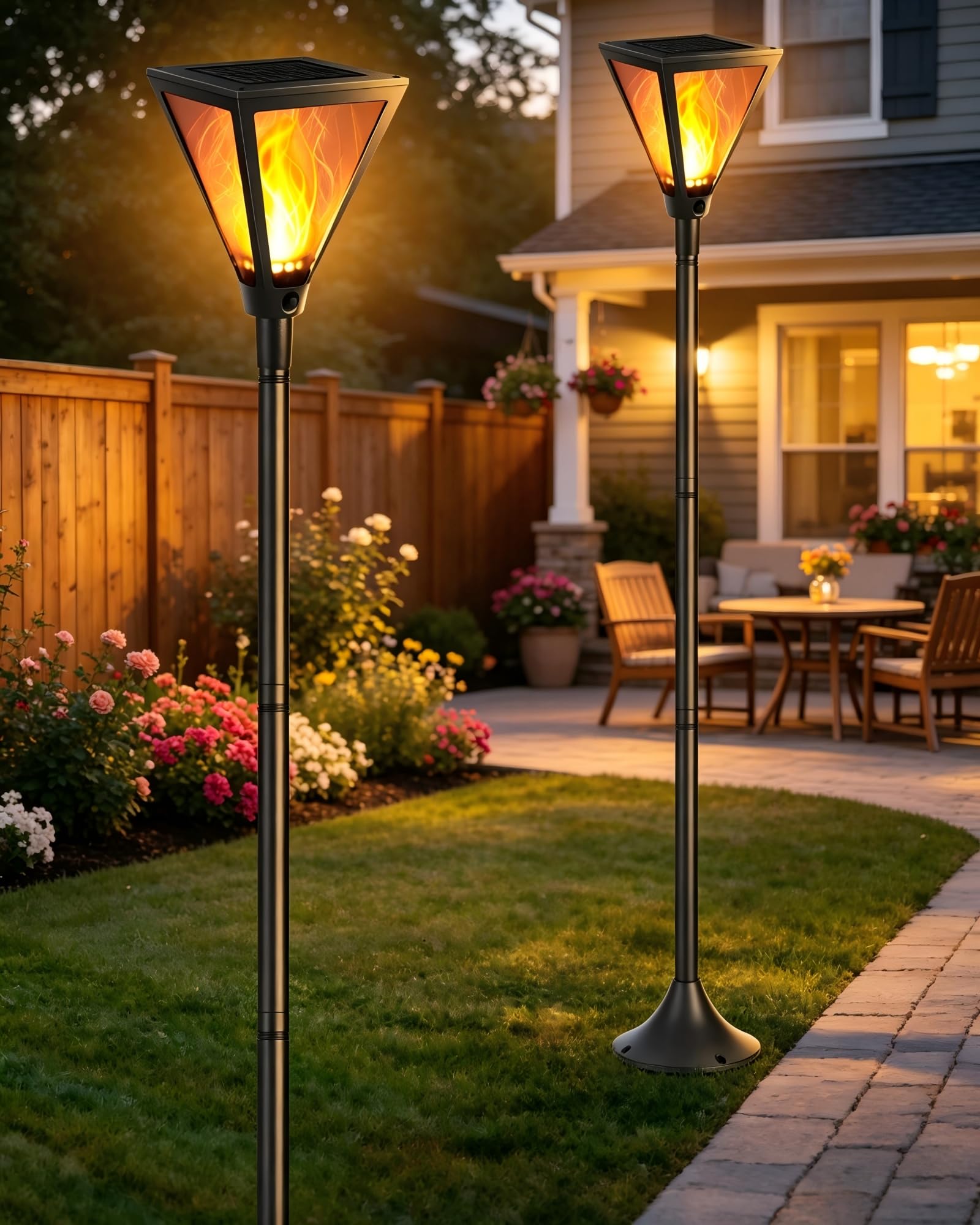 iBaycon 2 Pack 54 Solar Flame Post Lights, Flickering Flame Solar Lamp Post Lights Outdoor Waterproof for Yard Lawn Patio Decor