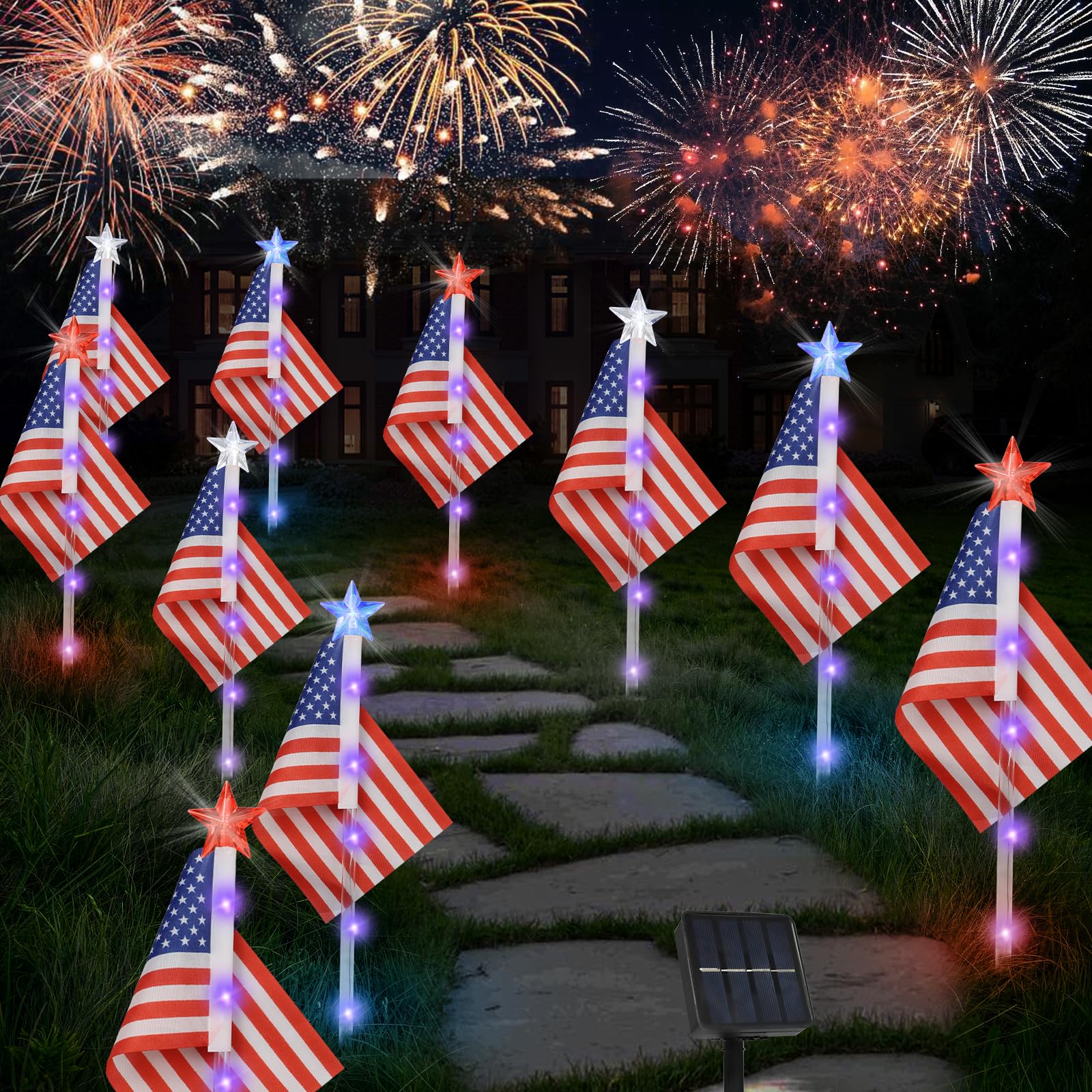 X-GiftKey 4th of July Decorations Outdoor American Flag Lights, 6-Pack Red White and Blue Solar Stars Lights with 6 USA Flags & 