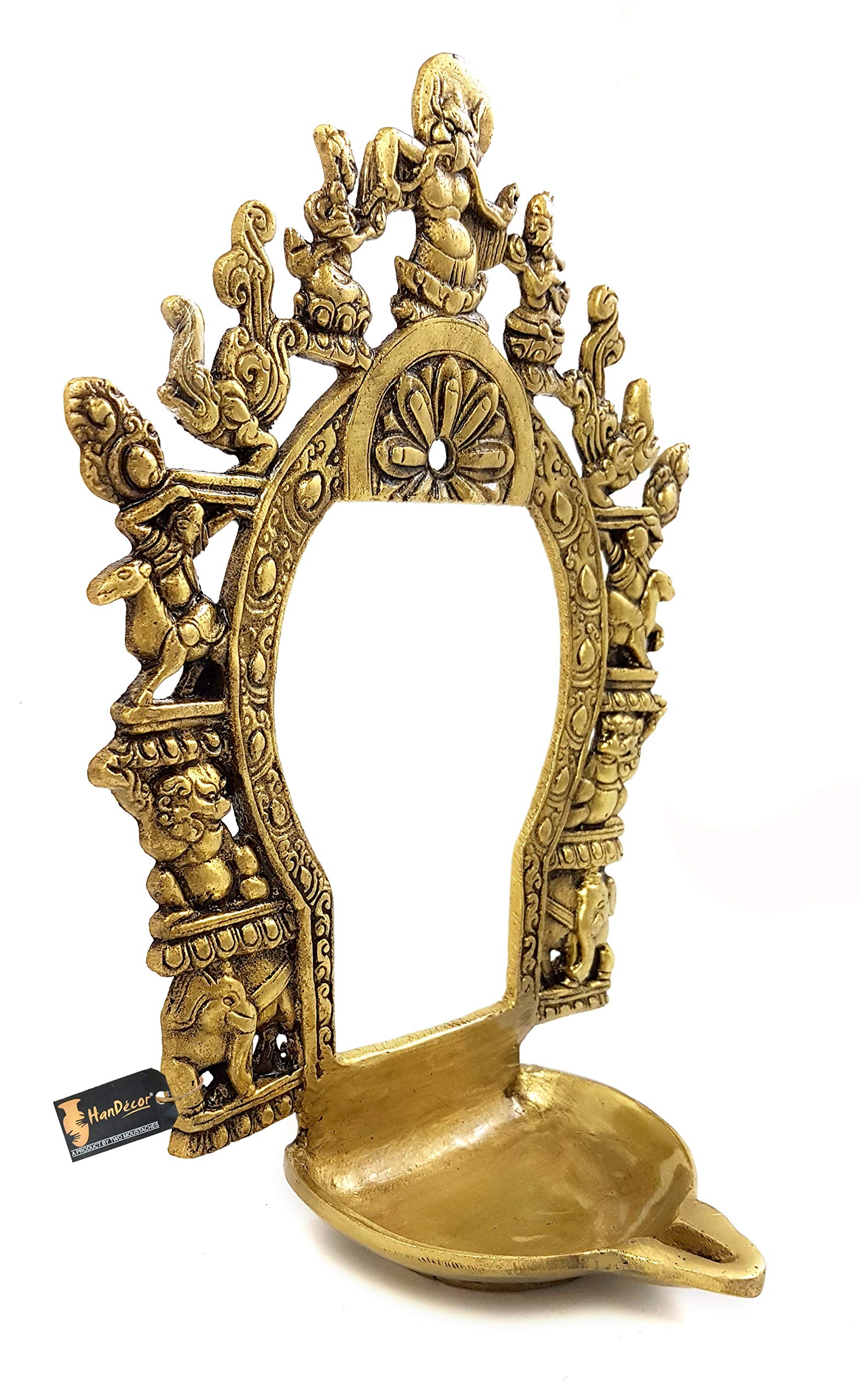 Two Moustaches Ethnic Carving Brass Prabhavali Frame with Diya (Antique Yellow)