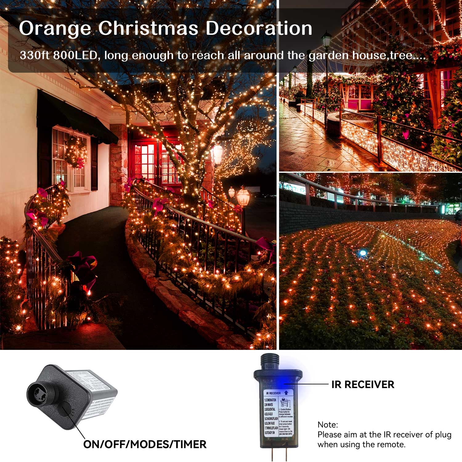 Zhouduidui Orange Halloween Lights  800Led 330Ft Orange String Lights 8 Modes Timer Plug In Waterproof Indoor Outdoor Orange Christmas Lights For Halloween Christmas Garden Party Decoration