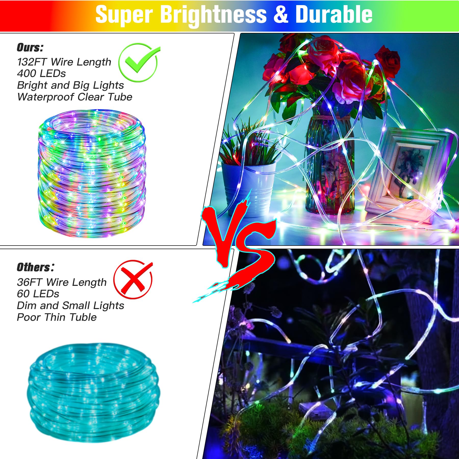 Nazuwke 132Ft Rope Lights For Outside, Waterproof 18 Colors Changing R ...