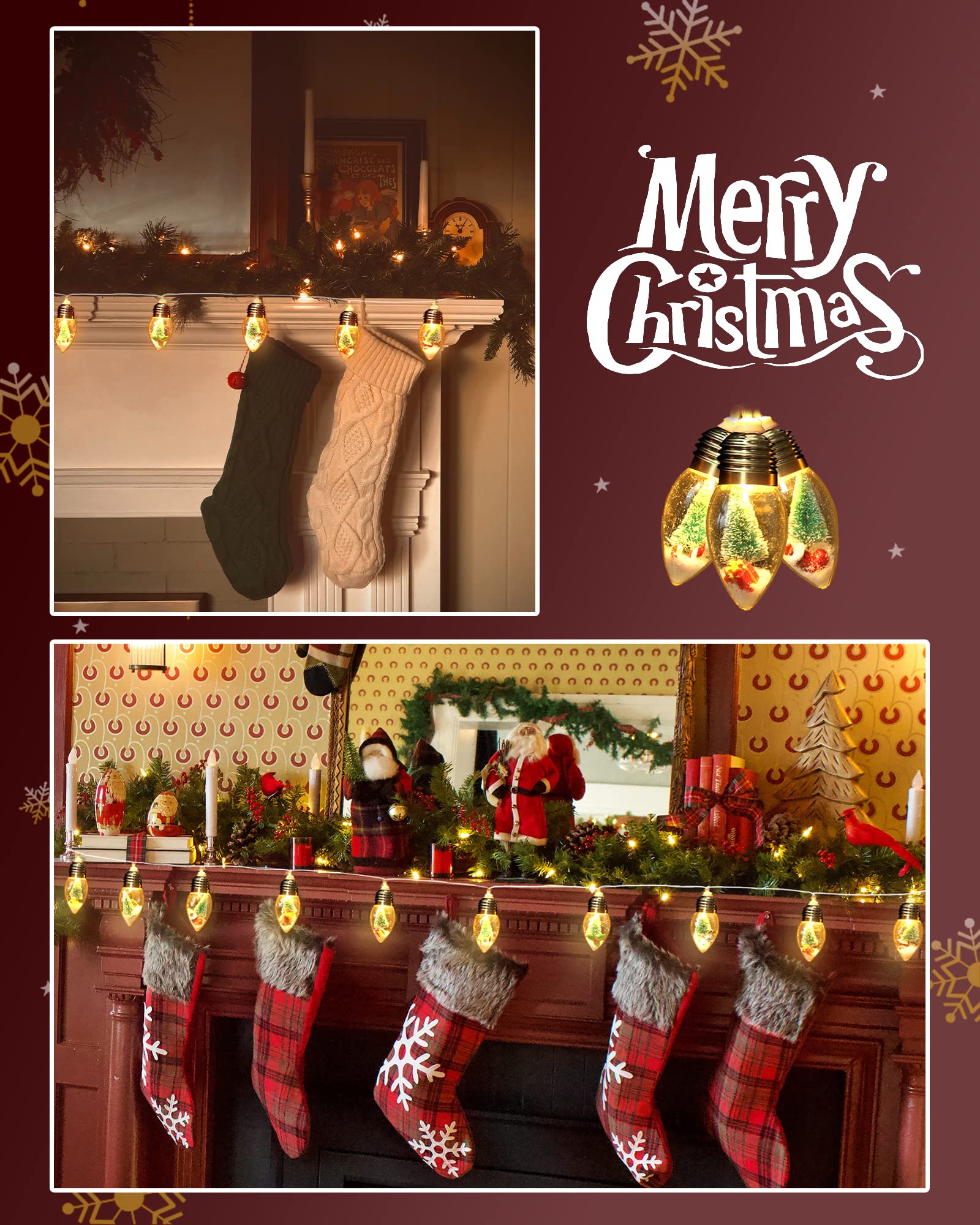 JUSTOTRY 2PC 6.6ft Christmas Lights for Indoor Bedroom Decorations - 10 LED Globe Bulbs String Light with Tree & Snow & Cute Orn