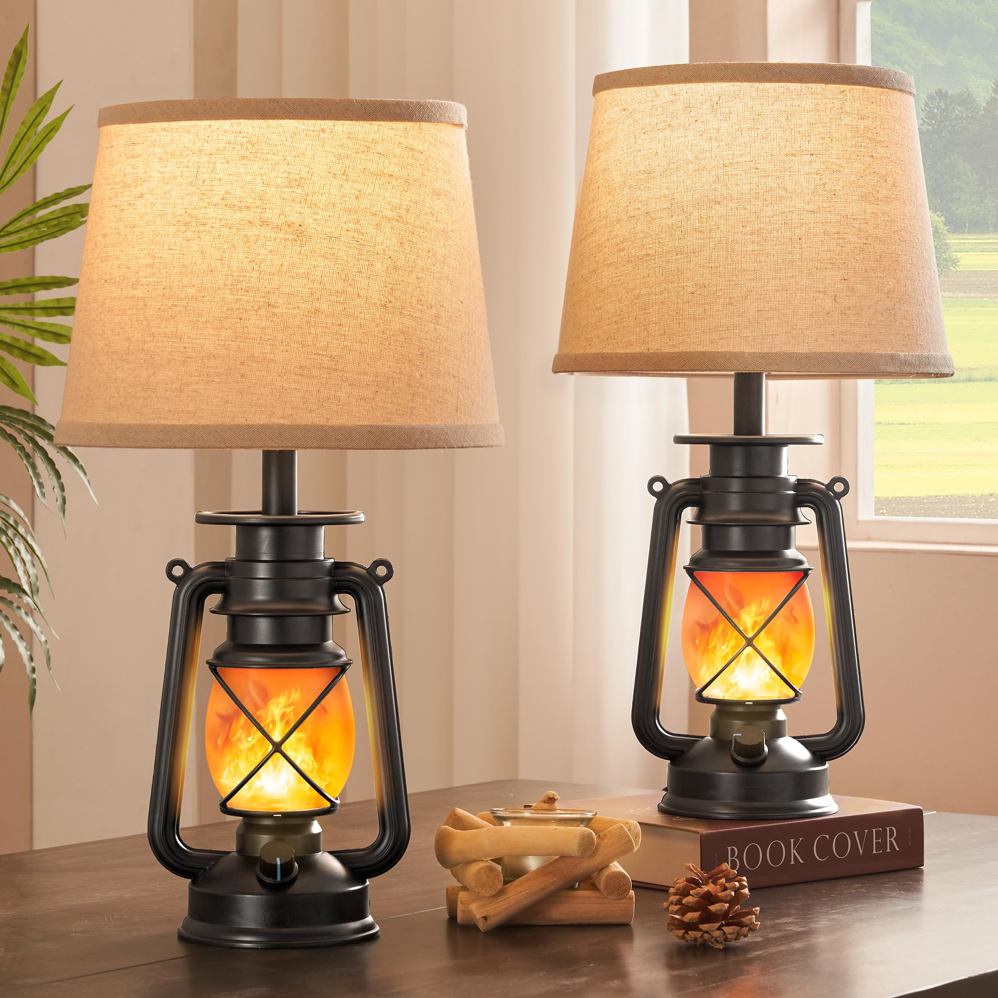 LEDIARY 18.72&quot; Black LED Lantern Flickering Flame Table Lamps for Bedrooms Set of 2, Small Farmhouse Rustic End Table Lamps, Halloween Decorative Lantern Bedside Lamps for Living Room