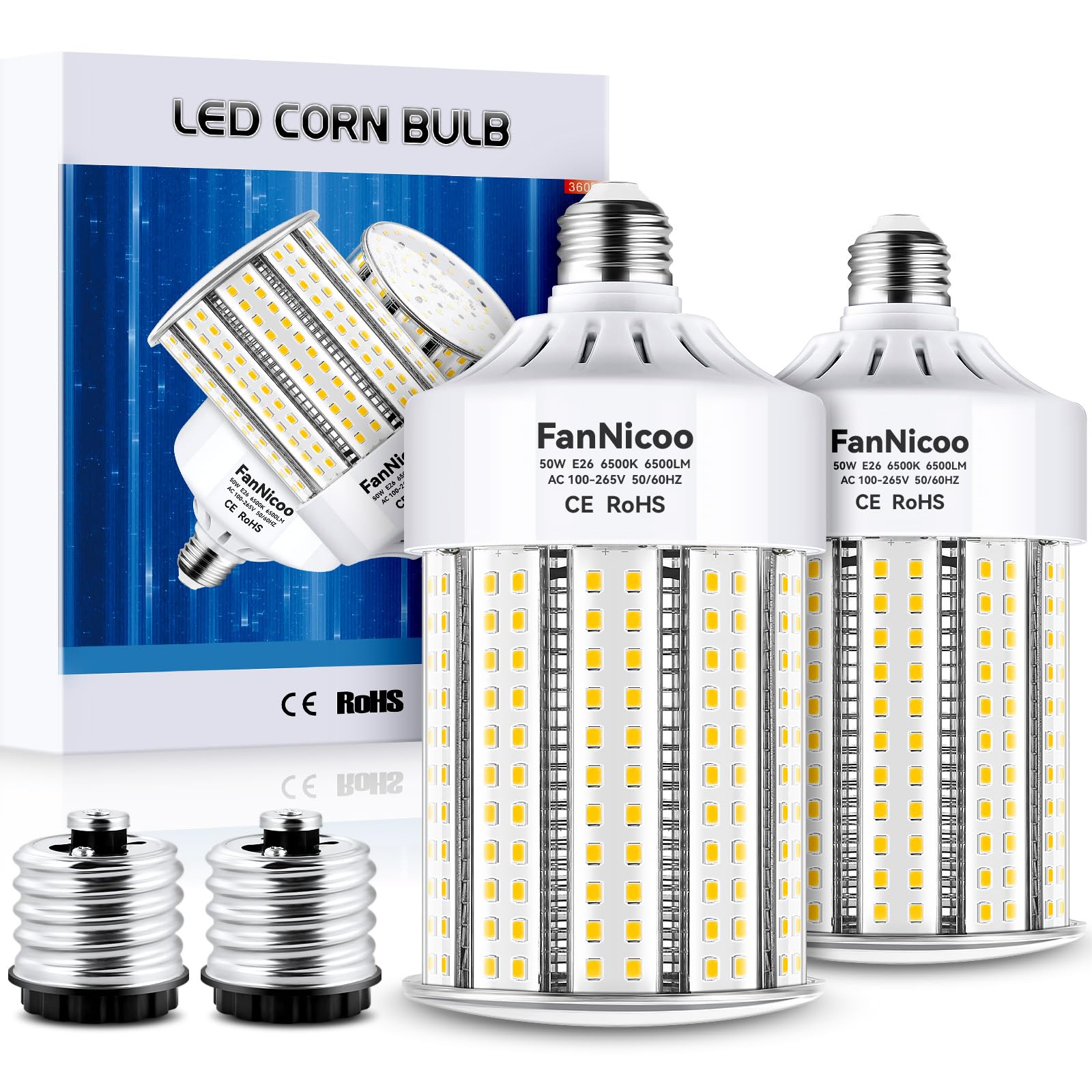 2 Pack 600W Equivalent Led Corn Bulb 6500 Lumen Super Bright E26/E39 Base Led Bulbs 6500K Daylight White 50W Corn Garage Light B