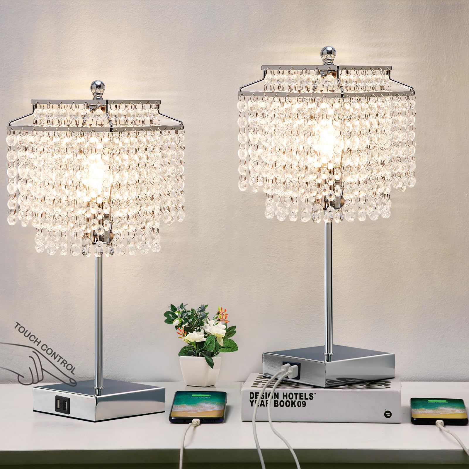 Luvkczc Crystal Table Lamp with Touch Control Set of 2  USB Bedside Table Lamp with USB C+A Ports  3-Way Dimmable Lamp with Crystal Shade for Bedroom  Living Room  6W LED Bulb Included