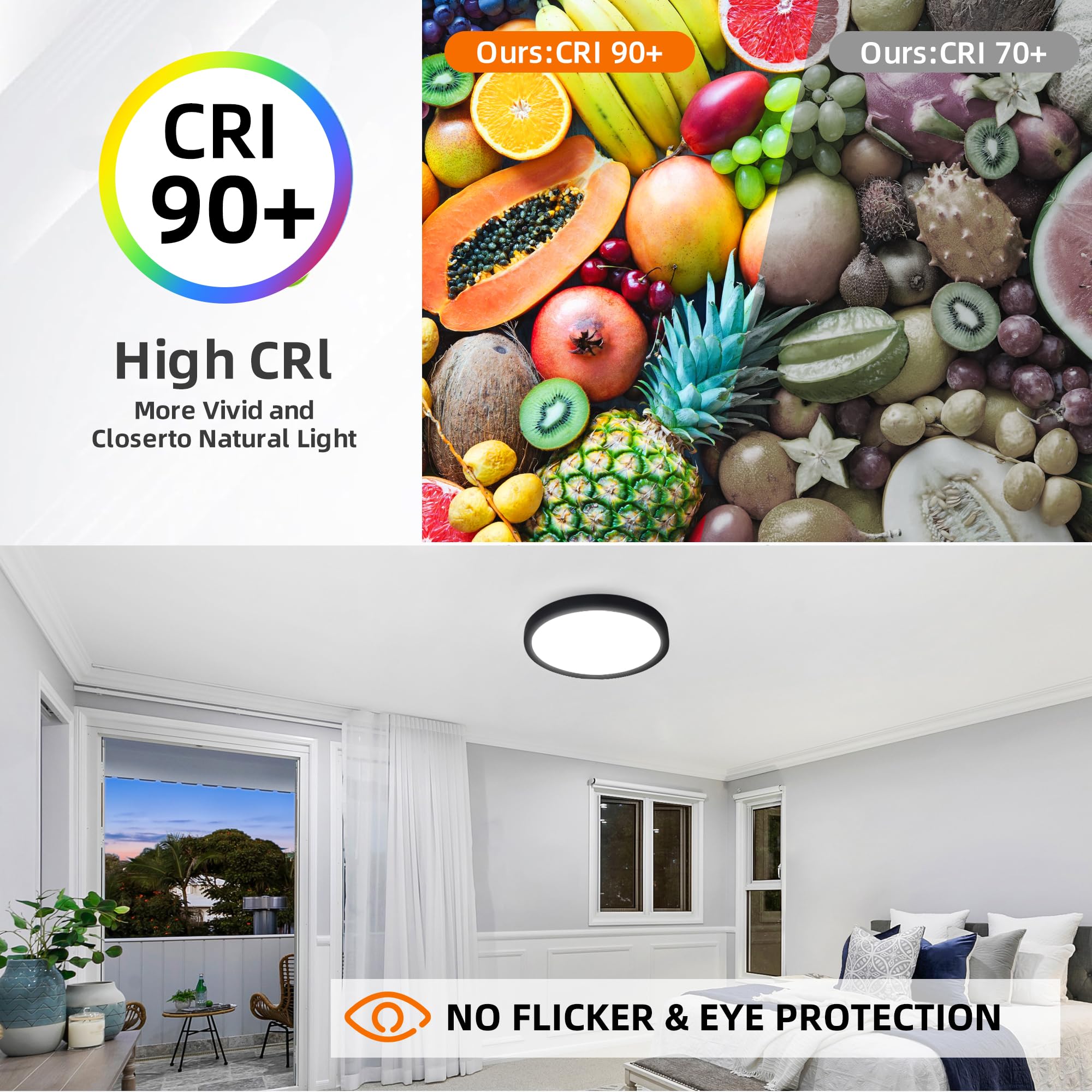 Hlite 12 Inch Flush Mount Led Ceiling Light With Night Light, 24W, 2400Lm, 3000K/4000K/5000K Selectable, Flat Lights For Ceiling, Dimmable Led Ceiling Light For Bedroom, Kitchen, Black(1Pack)