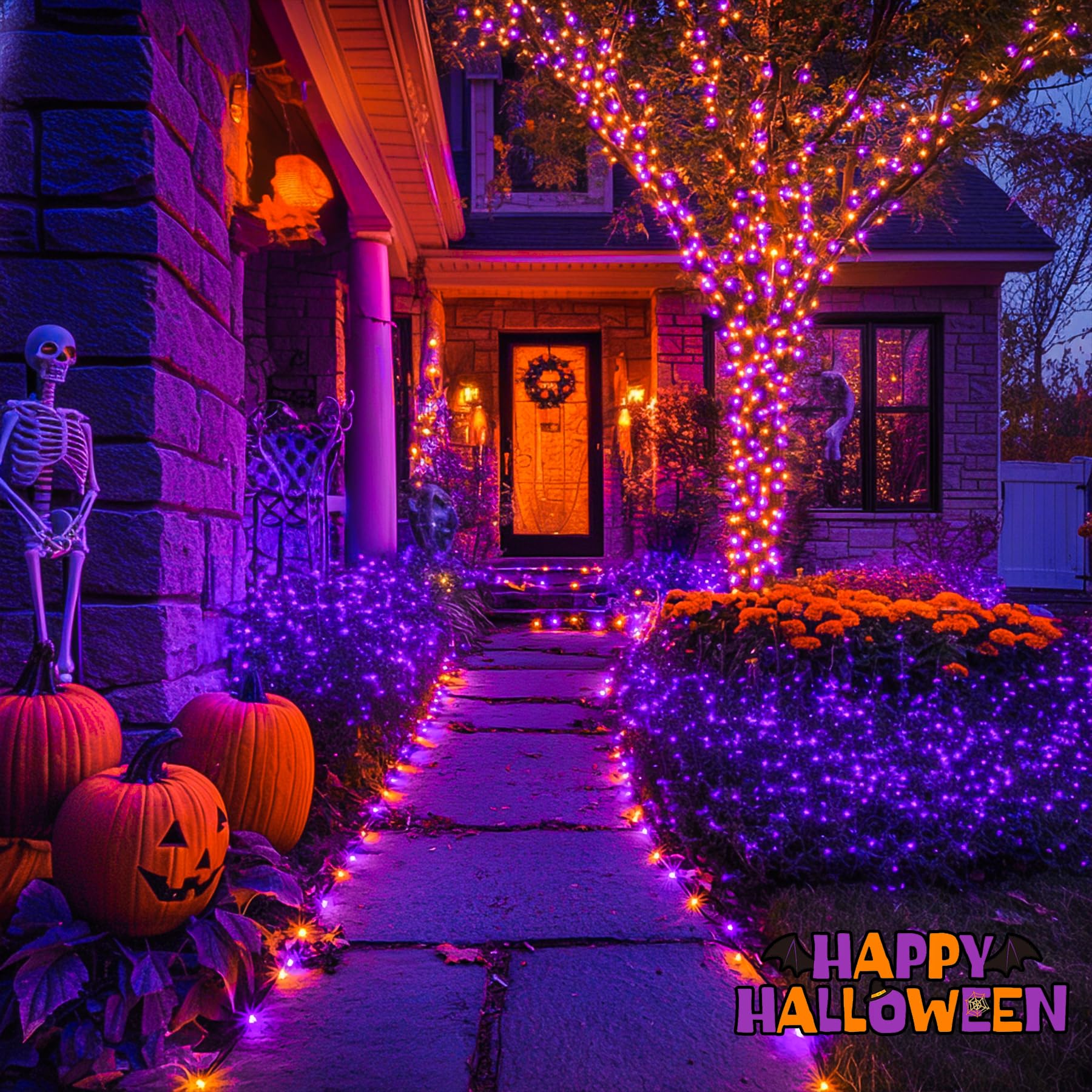 JMEXSUSS Solar Halloween Lights, 400 LED, 2 Pack, Waterproof, 8 Modes, Orange & Purple
