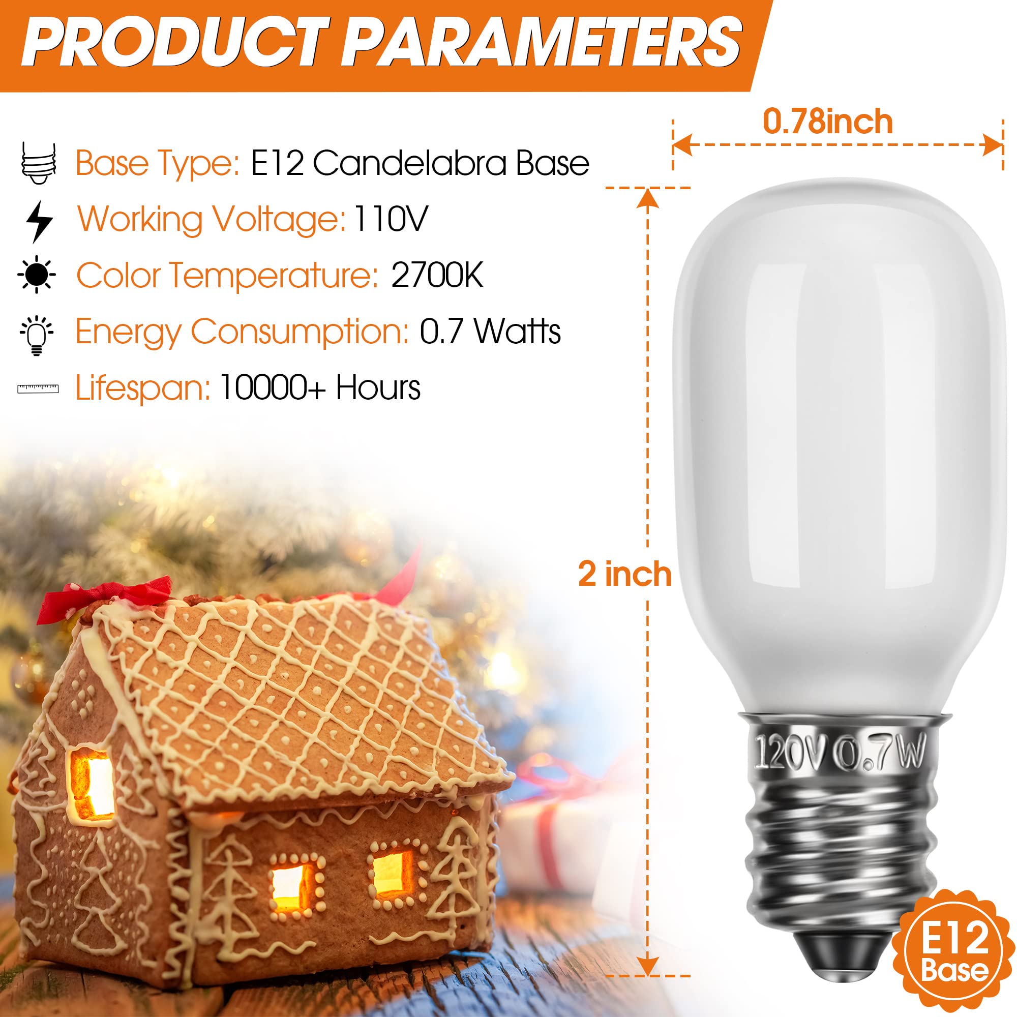 Meonum E12 Candelabra Base T20 LED Bulbs, 0.7W White Replacement Light Accessories for Christmas Village & Halloween Pumpkin (12 Pack)
