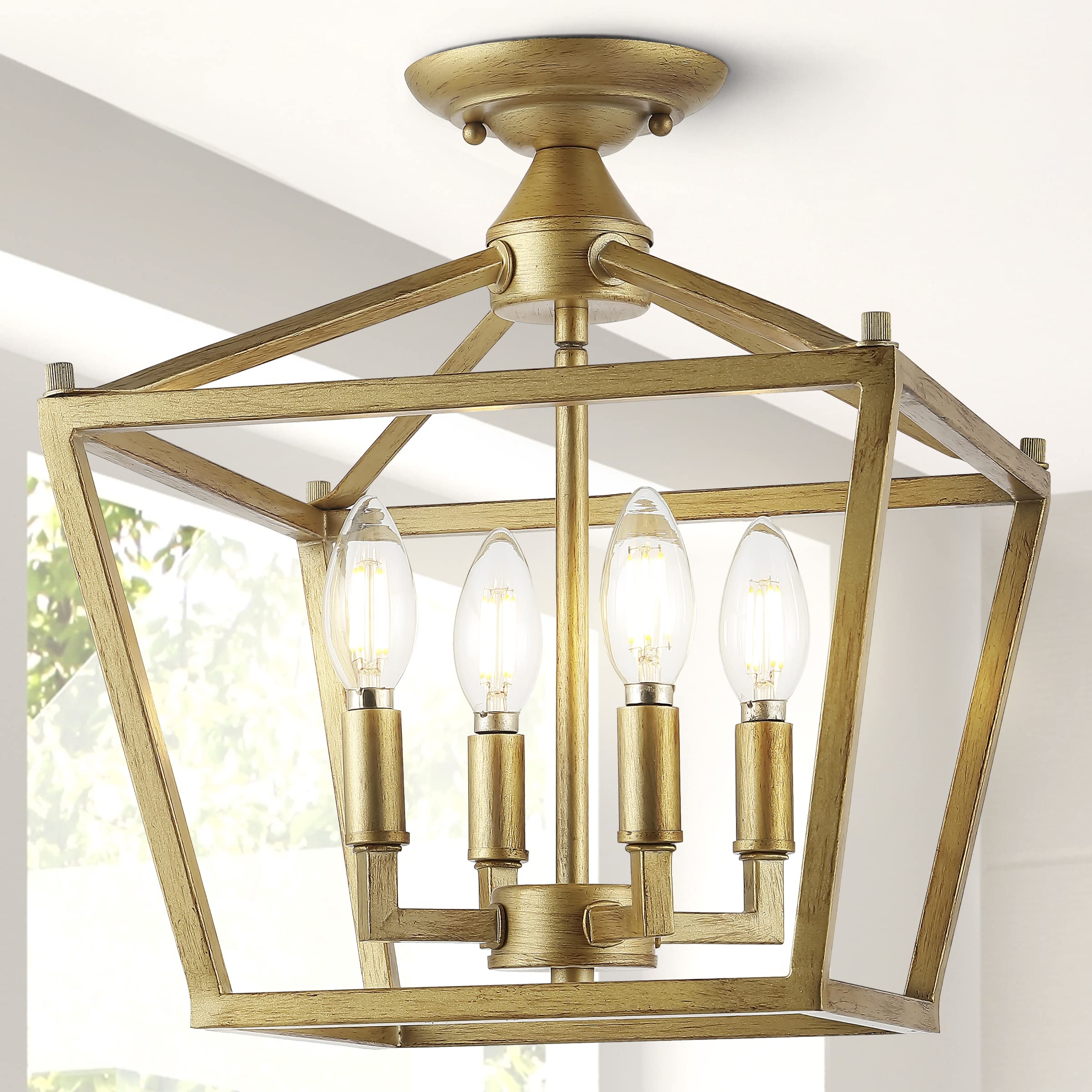 Jonathan Y Jyl7610B Plains Mini Lantern 12" 4-Light Iron Modern Farmhouse Led Flush Mount, Rustic, Industrial, Dimmable, 2700K Cozy Warm Light Kitchen, Hallway, Bathroom, Stairwell, Brass Gold