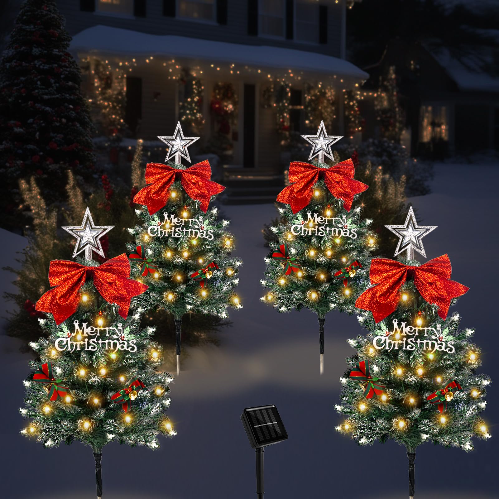 TAILERRI 4 Pack Christmas Tree Solar Pathway Lights Outdoor Decorations, Waterproof Artificial Mini Xmas Tree Stake Lights with 