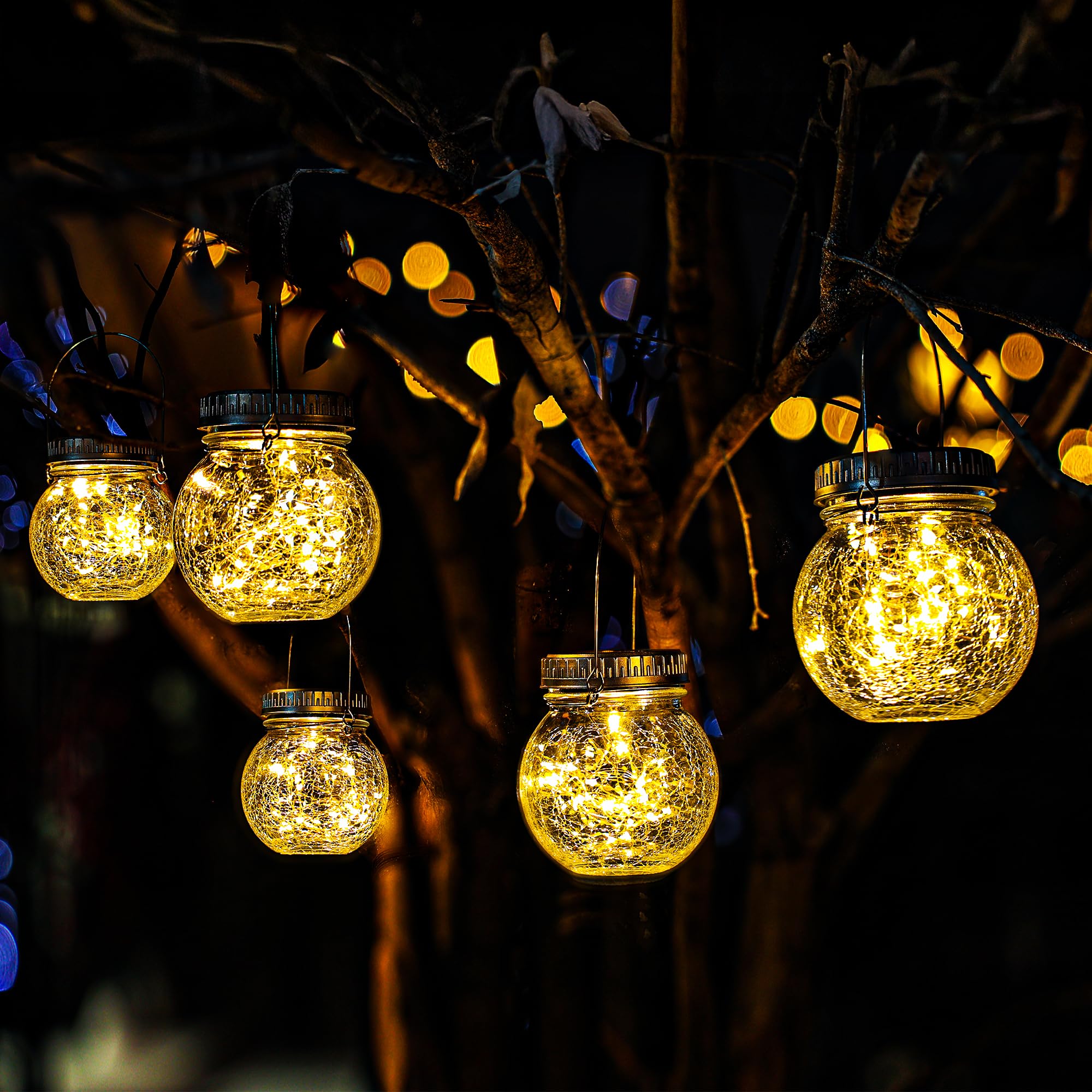 Cooo 2 Pack Crackle Glass Solar Lantern with 30 LED Firefly Lights- Waterproof Outdoor Hanging Lamp 215% Larger Solar Panel, Ant