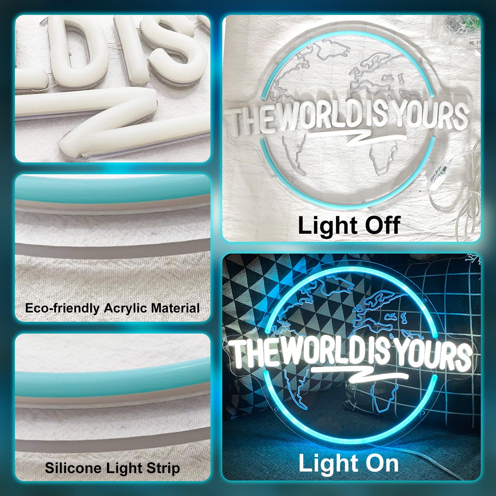 Brochao Neon Sign - The World Is Yours LED Wall Decor, Ice Blue & Cold White, 16.1" x 12.2", Acrylic, Model BRO14-TWIY01-X
