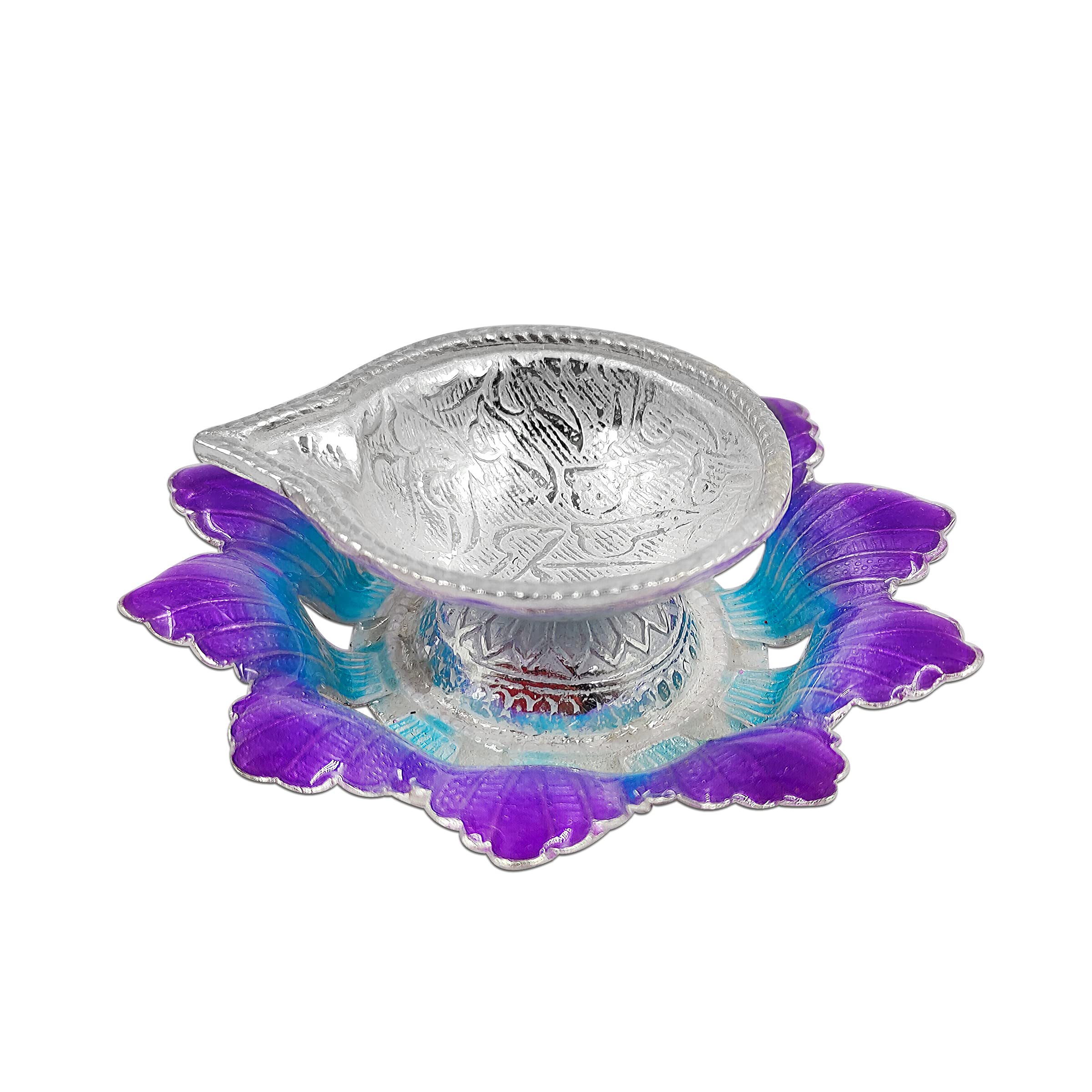 MAA SILVER Diya/Lamp/Deepak with Bluish Purple Flower Shape Base Perfect for Gift and Pooja Purpose (20 Grams Silver)