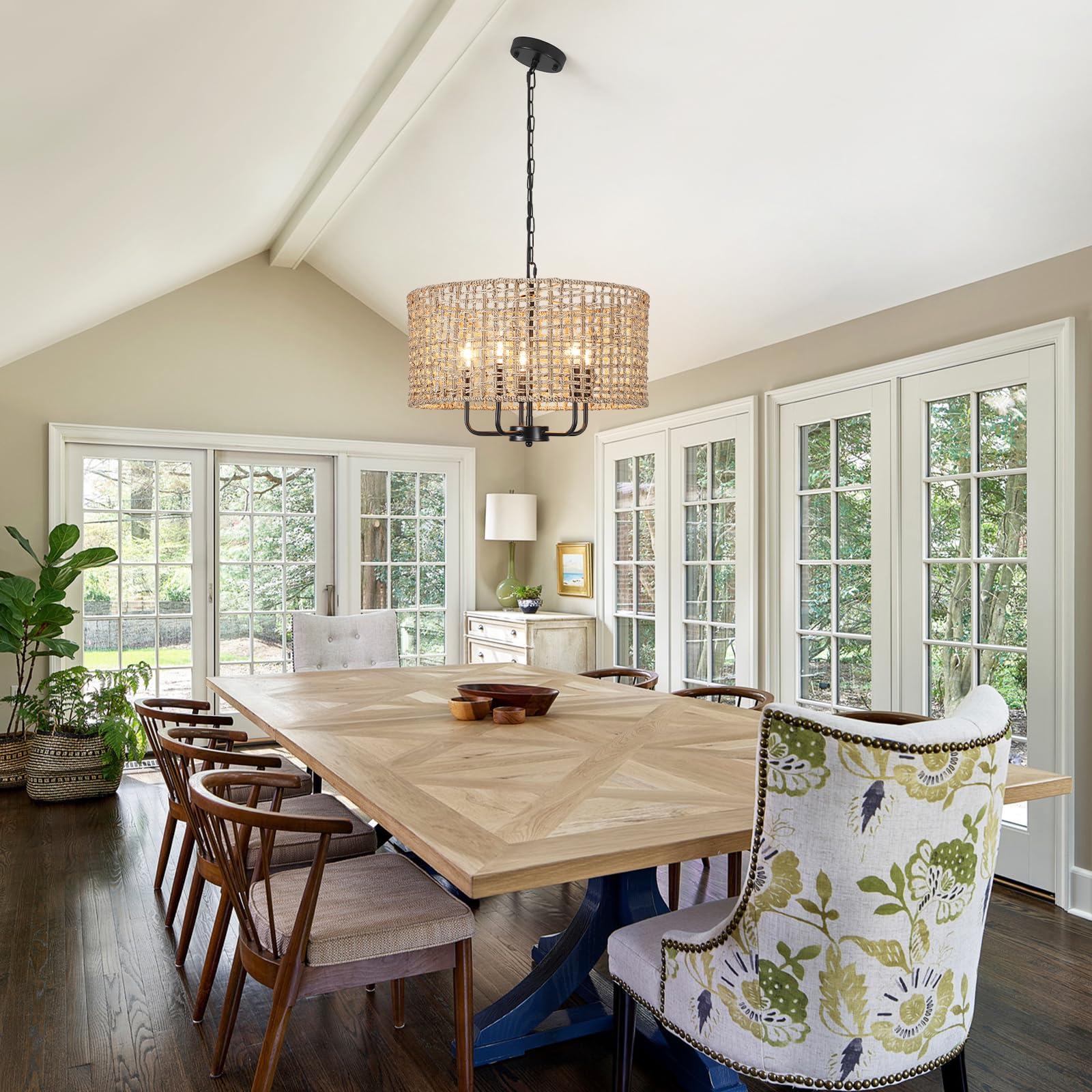 Mrhyswd 18.9 Hand-Woven Rattan Chandelier 5 Lights Farmhouse Boho Chandeliers For Dining Room Light Fixture Drum Wicker Hanging Pendant Lighting For Living Room Kitchen Island Foyer Hallway  E12