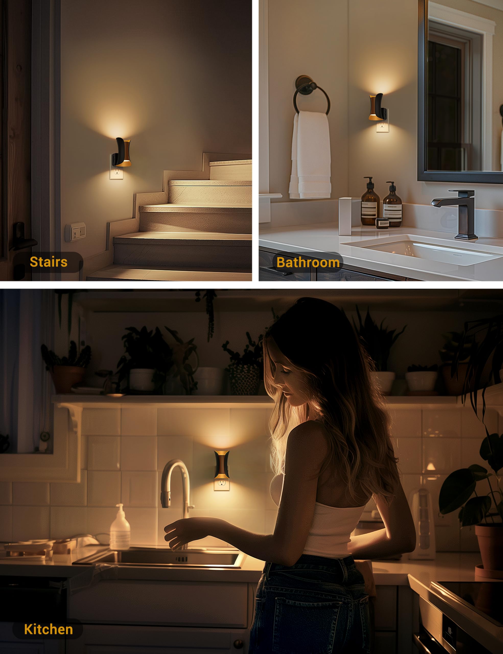 Fulighture Dimmable Night Lights, 2-Pack with Dusk to Dawn Sensor, Soft White 3000K, Black, Model USF-GY20102US-2