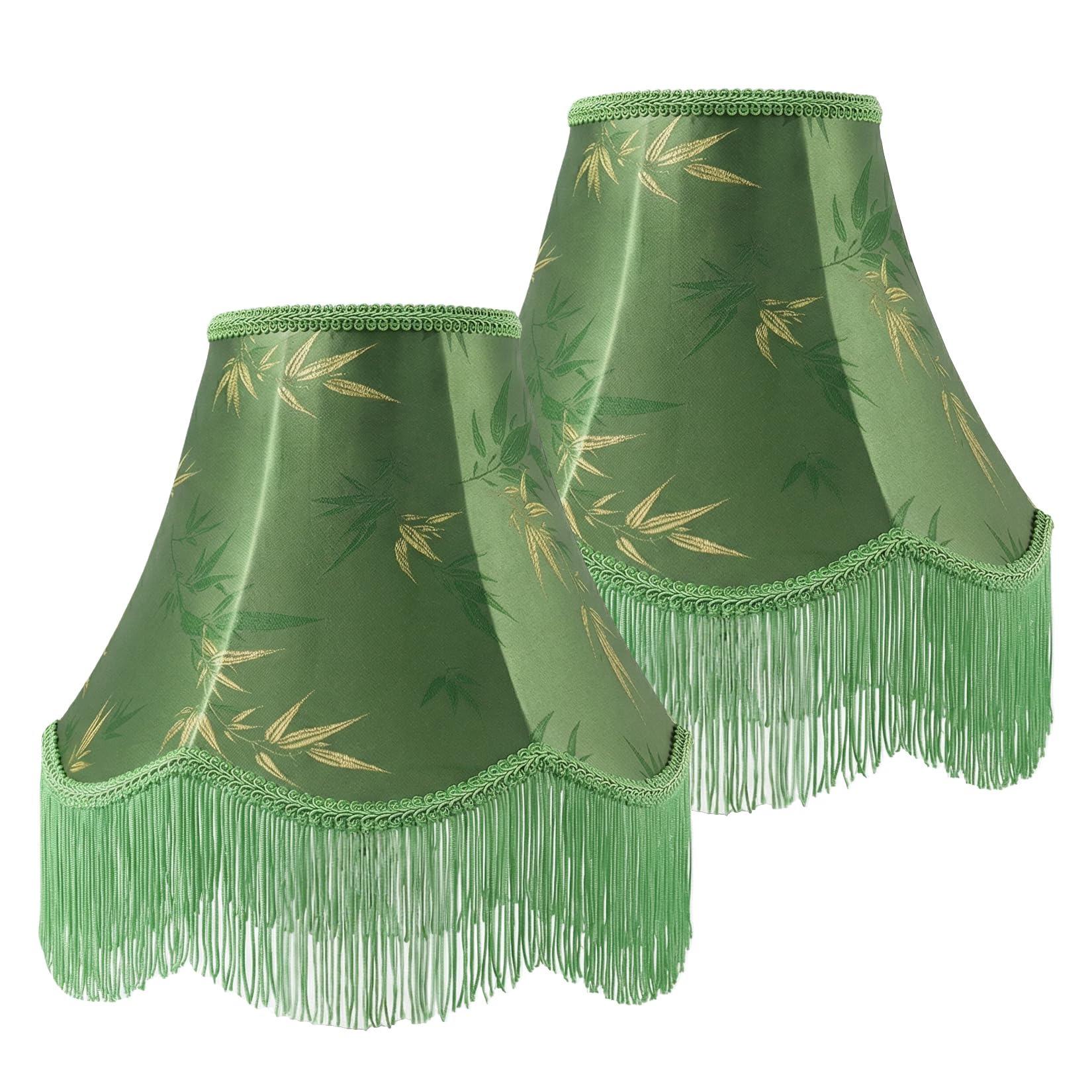 Green Bell Fringe Lamp Shades Set of 2, 6 x 13 x 10.6(Spider) Victorian Scalloped Trim Lampshades, Bamboo Leaf Patterned Fabric 