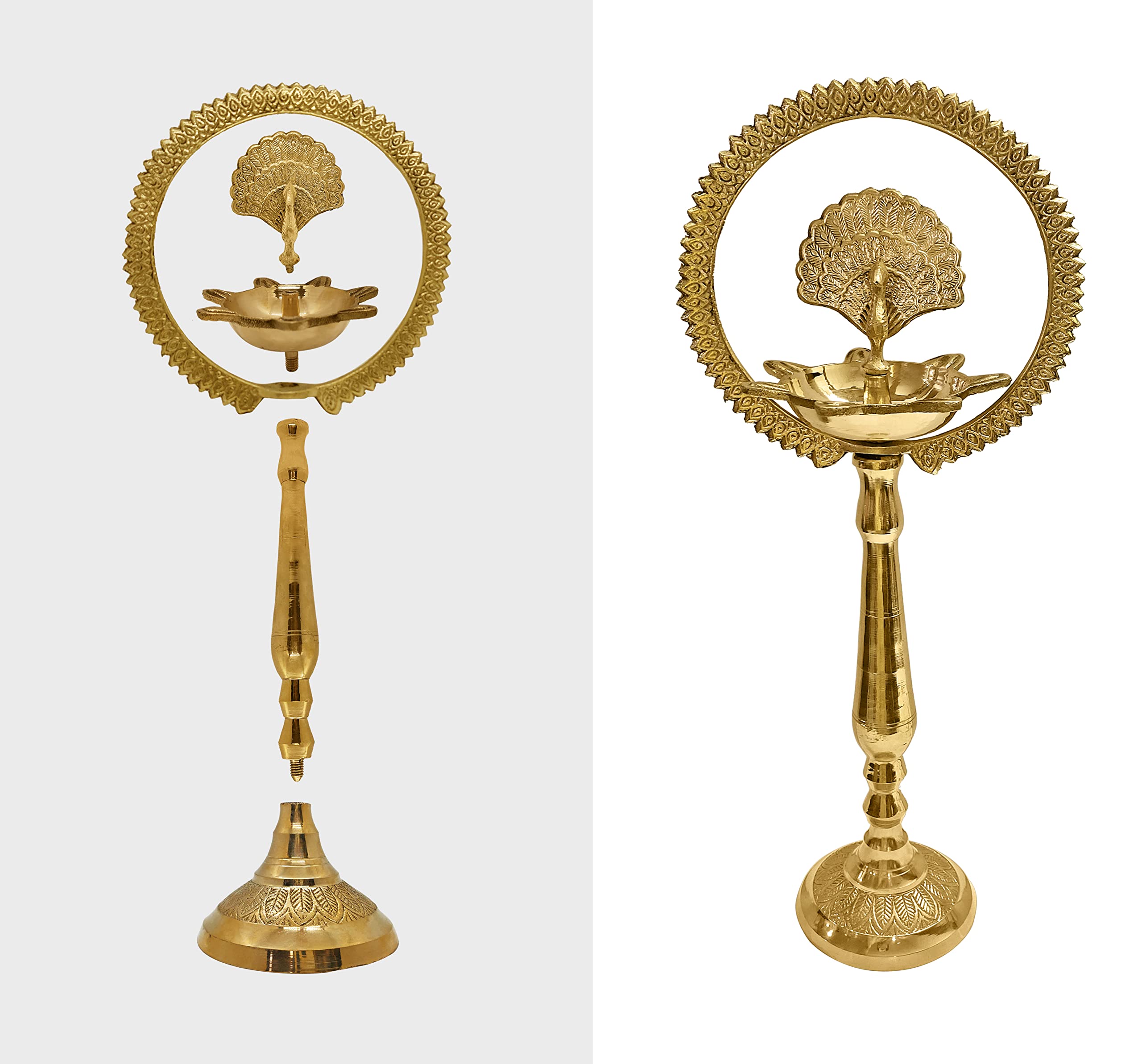 Satvik 2 Pc Set of Brass Peacock Diya with Crown 9 Inch Kerala Samai Diwali Deepak Mahabharat Dia Deepawali Deepam Engraved Inau