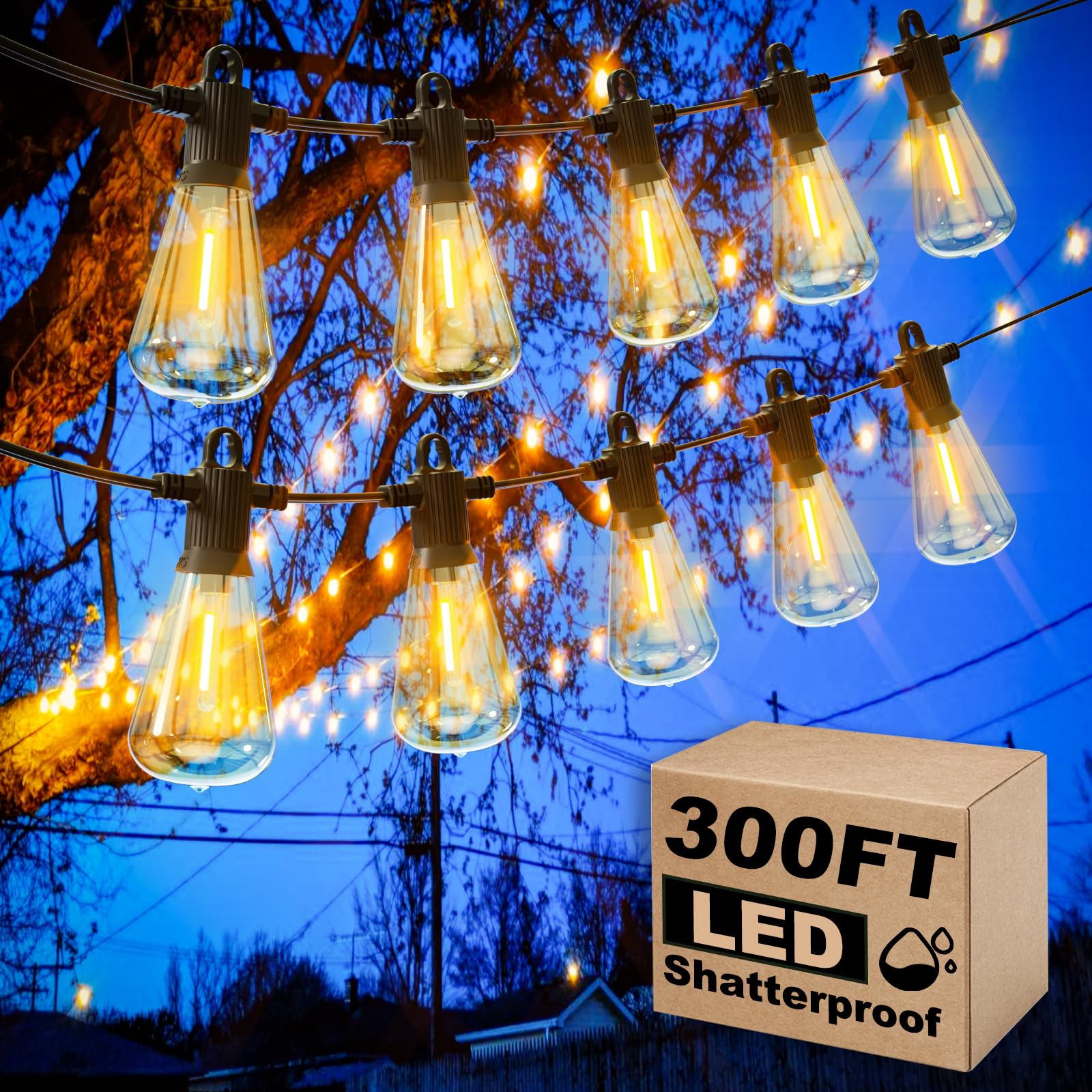 Zuske Outdoor String Lights 300FT Dimmable LED Waterproof with 146 Shatterproof Bulbs, Black, Model ESKST38-300FT-146US