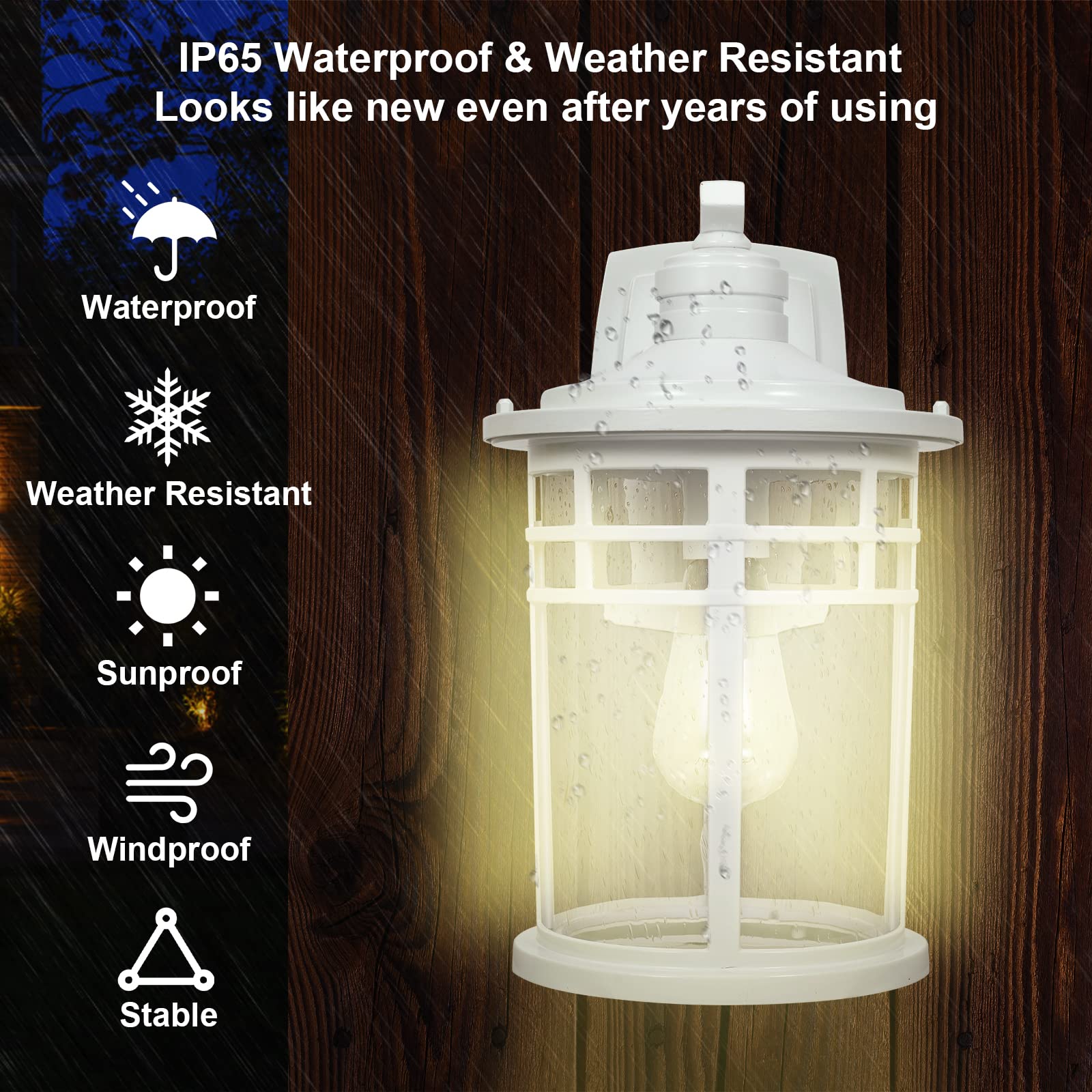 Darkaway Large Outdoor Wall Sconces - 15" Waterproof Seeded Glass Lights, White Aluminum, Model 6X20B-M WH for Patio, Yard, Garage
