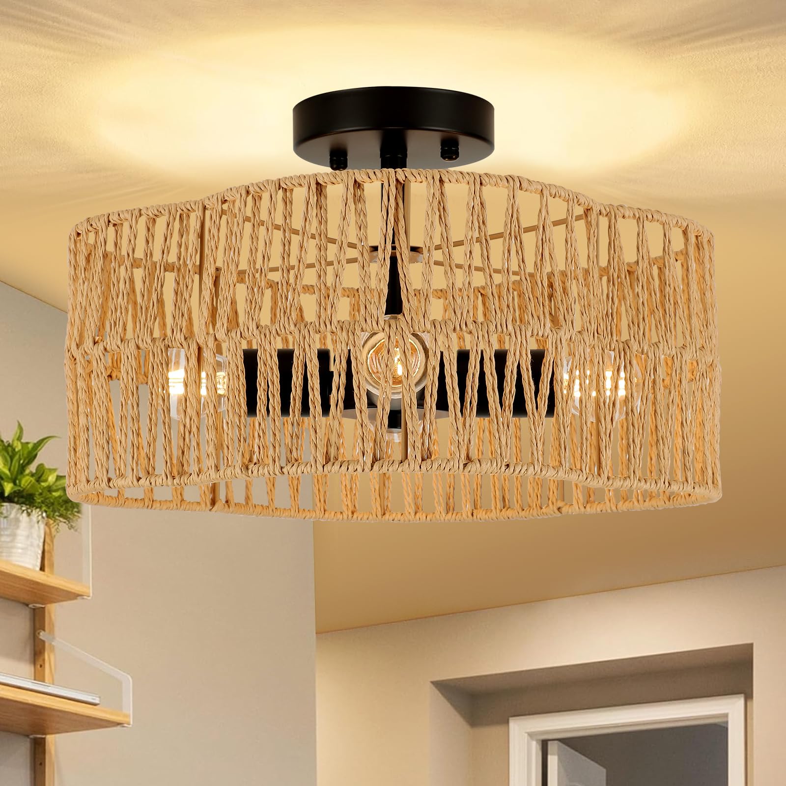 Foucasal 4-Light Boho Rattan Ceiling Light Fixture, Modern Semi Flush Mount Chandelier