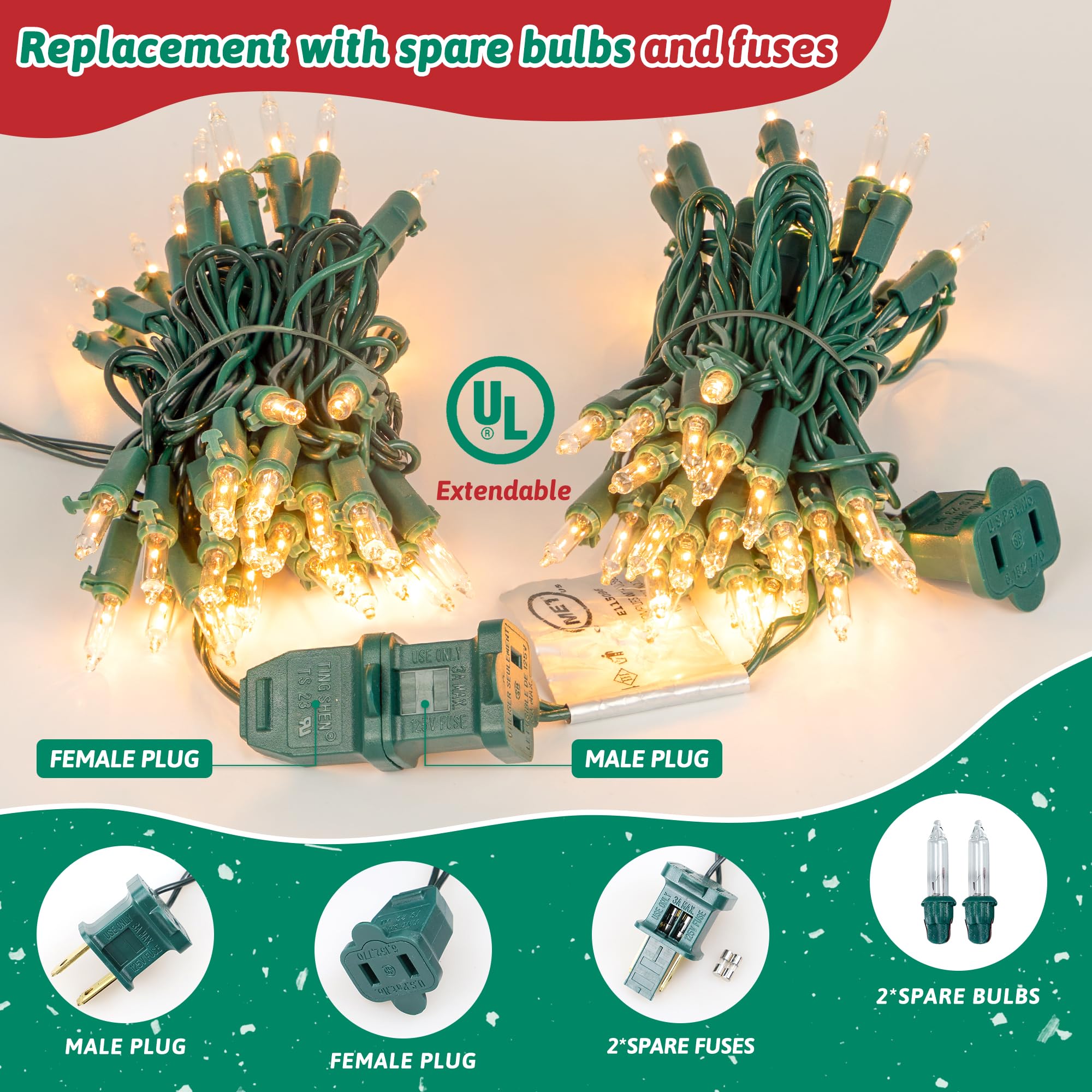 Heyfuni Clear Christmas Lights 50Count 13Feet White Christmas Tree Lights Set, Incandescent Bulb Mini String Lights For Indoor Outdoor Tree Party Weeding Home Xmas Holiday Decorations,Green Wire