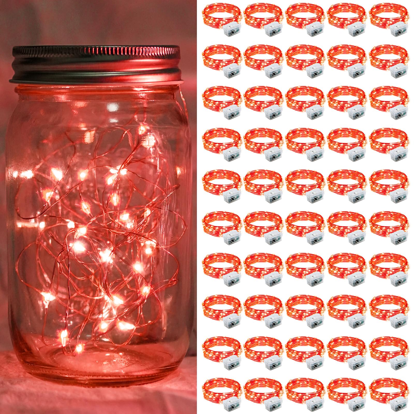 chzk 50 Pack LED Red Fairy Lights Battery Operated, 7Ft 20LED Mini String Lights Waterproof Twinkle Lights Firefly Starry Moon Lights for Mason Jars Wedding Christmas Party Bedroom Decor