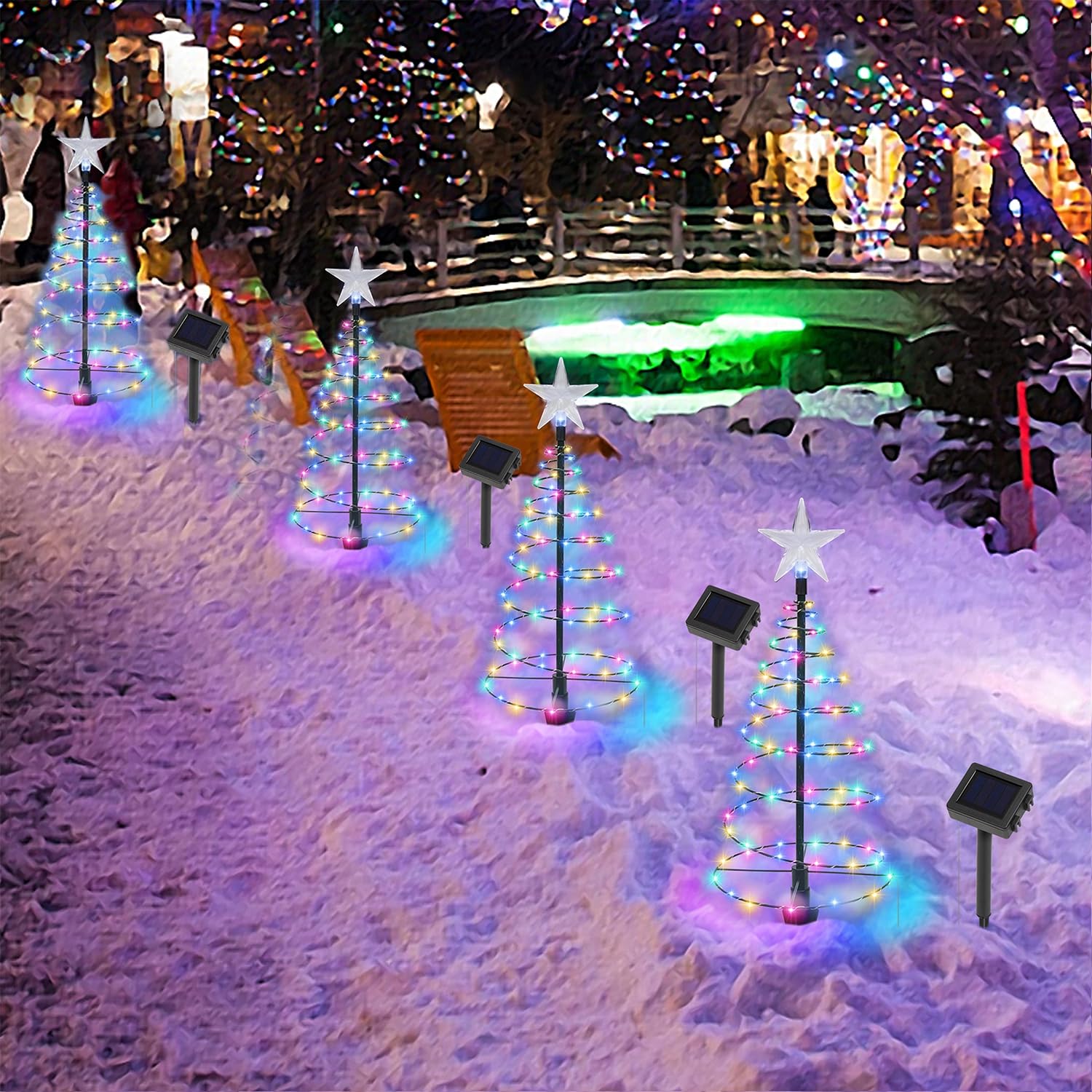 Dynaming 4 Pack Solar Spiral Christmas Trees With Lights, 19'' Outdoor Light Up Christmas Pathway Markers With Colorful Lights,