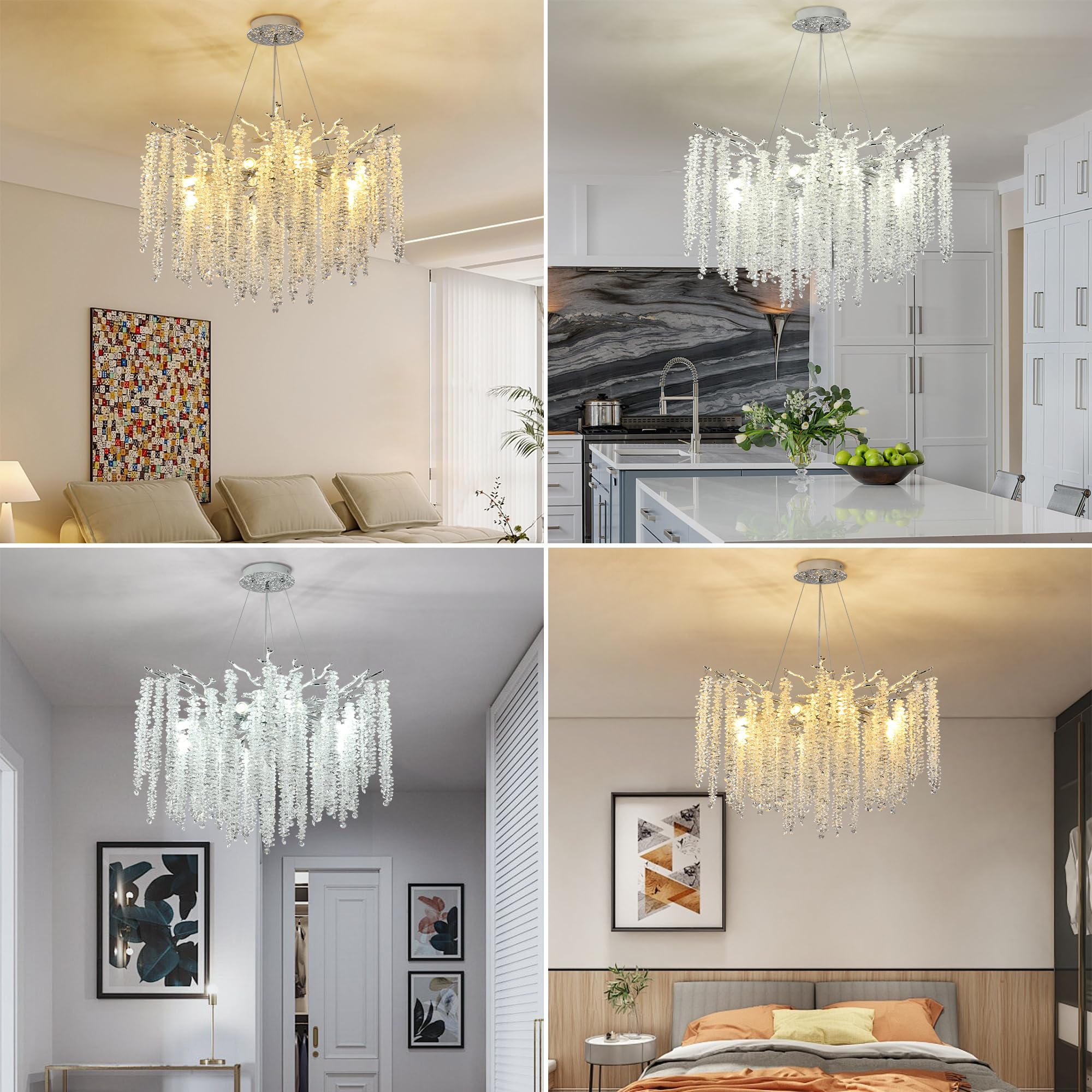 Upfelw Crystal Tree Branch Chandelier, 8 Lights, Polished Chrome, D 23.7in , Aluminum, Silver, Model UBC-S60-0428