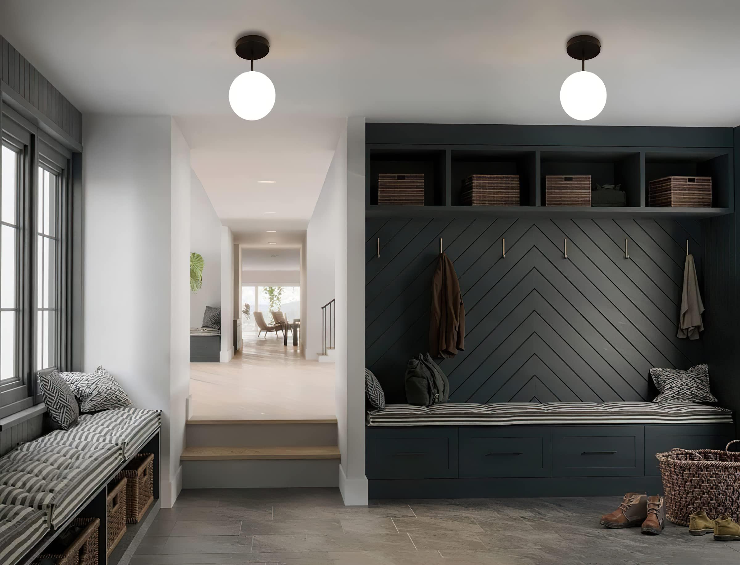 Globe Semi Flush Mount Ceiling Light, Mid Century Modern Light Fixture Ceiling, Milk Glass With Matte Black Finish, Living Room